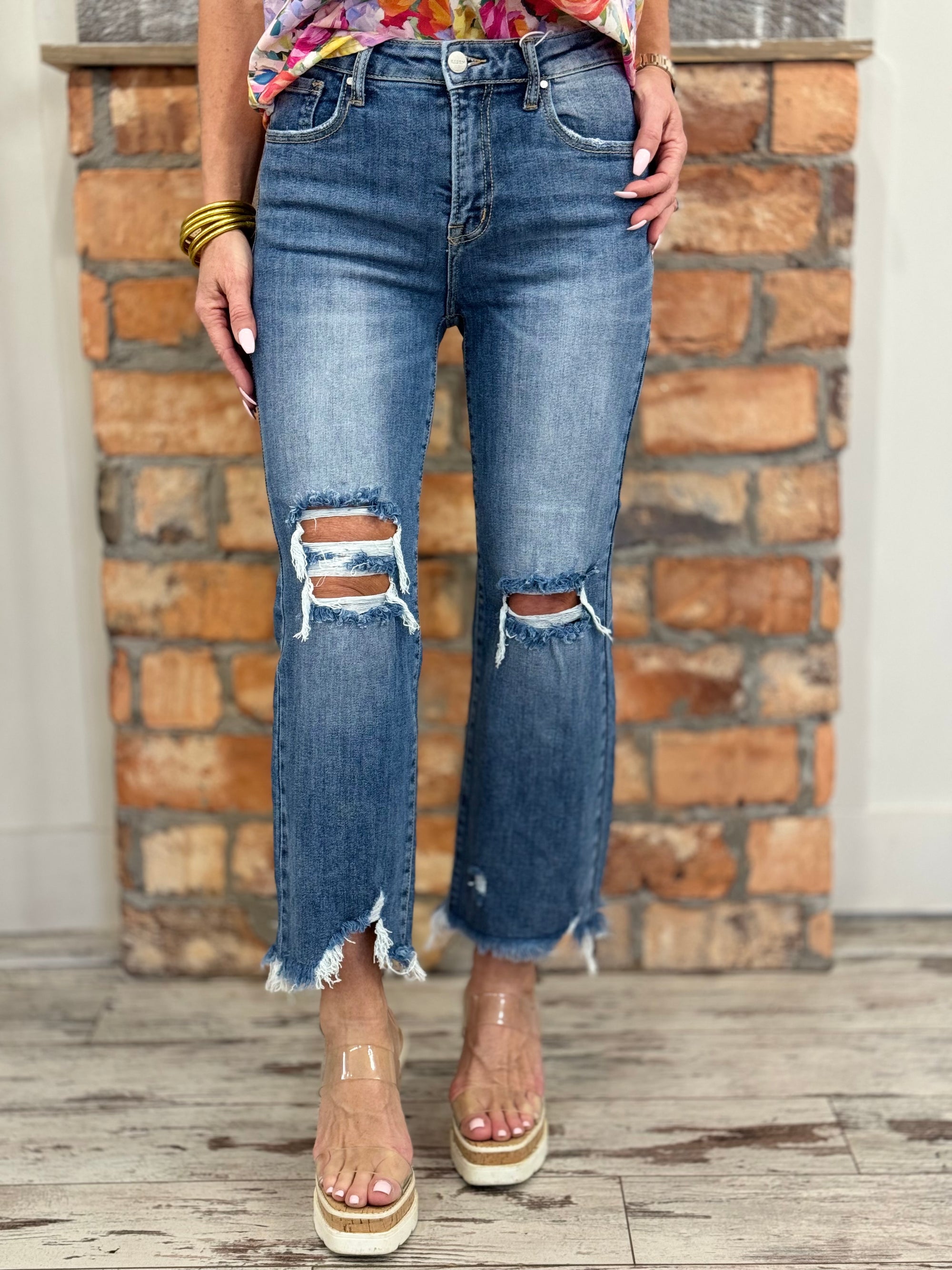 High Rise Distressed Asymmetric Hem Jeans