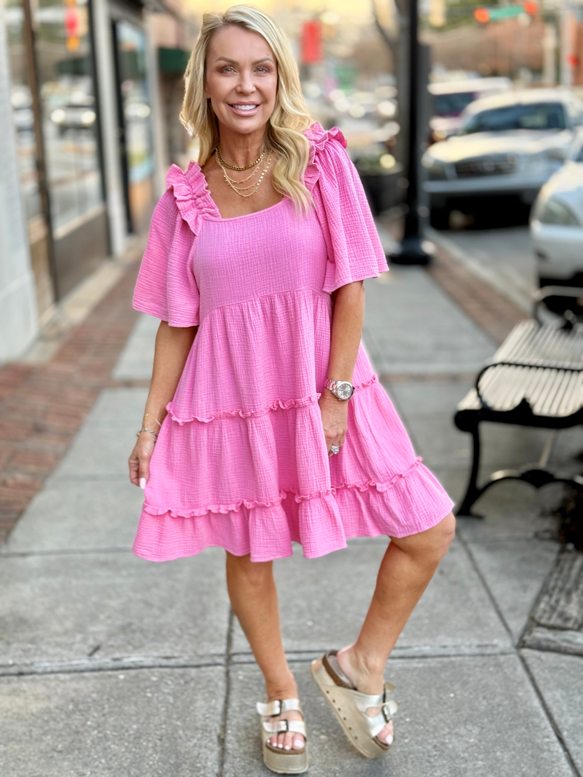 Gauze Ruffle Shoulder Dress