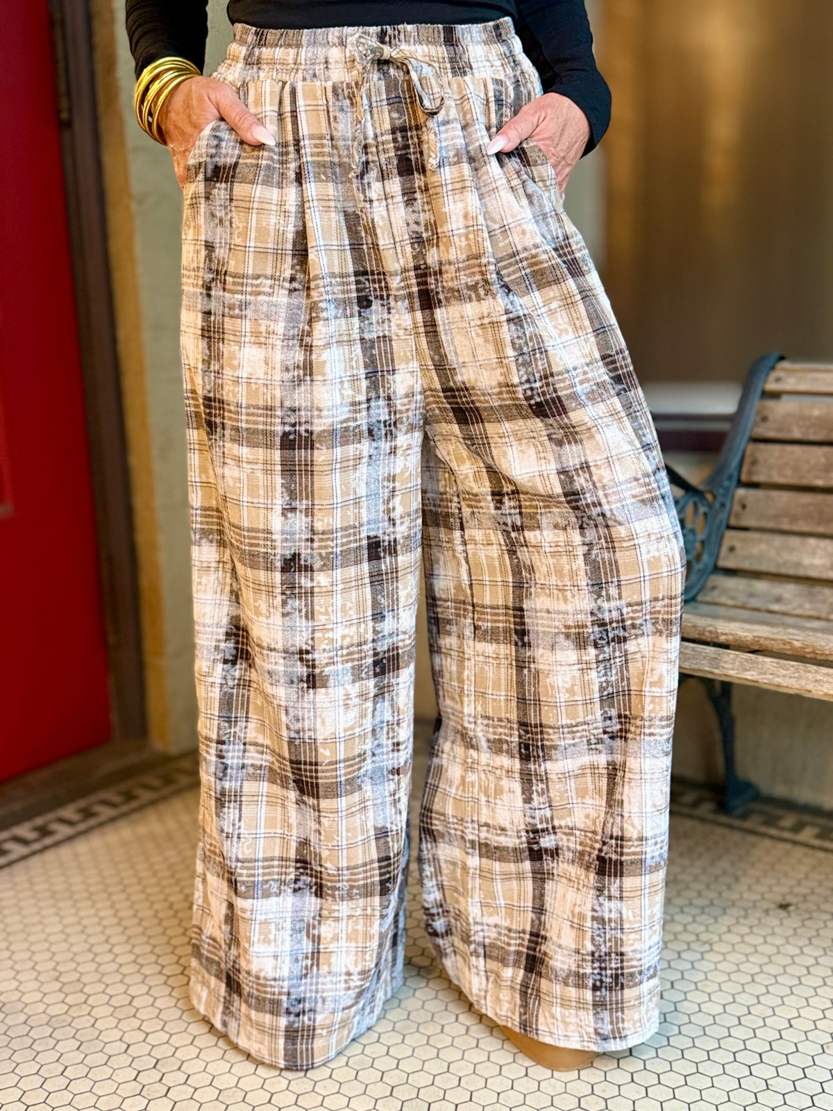 Plaid Bleach Splattered Wide Leg Pants