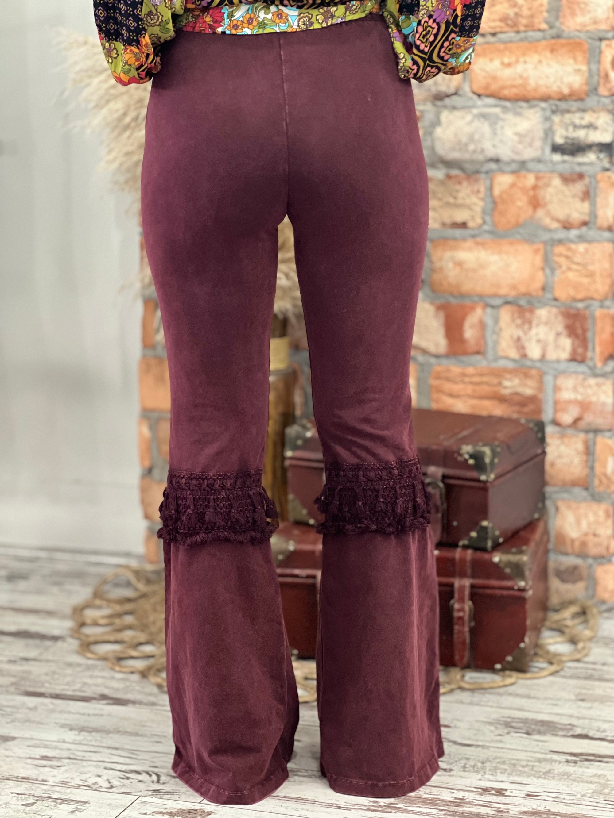 Fringed Crochet Washed Bell Bottom Flare Pants in Burgundy