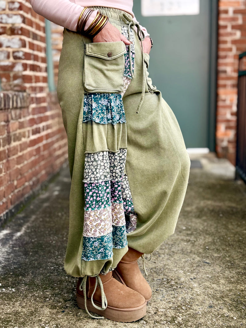 Wide Leg Floral Colorblock Pants