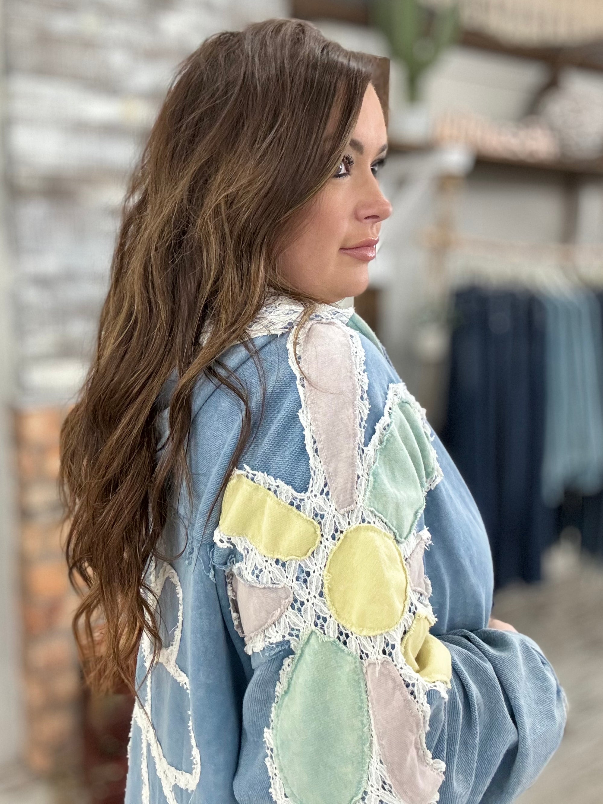 Colorblock Boho Floral Patch Hoodie Jacket