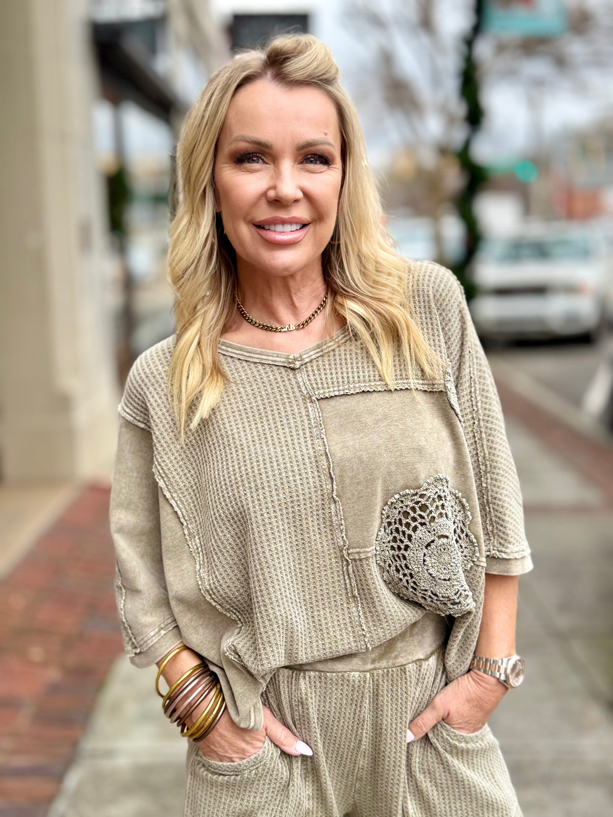 Crochet Floral Patch Waffle Top