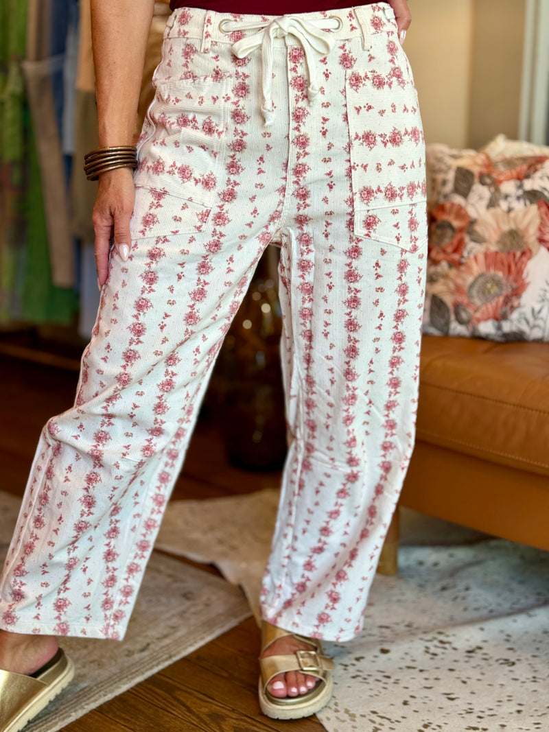 Corduroy Floral Waist Tie Barrel Jeans