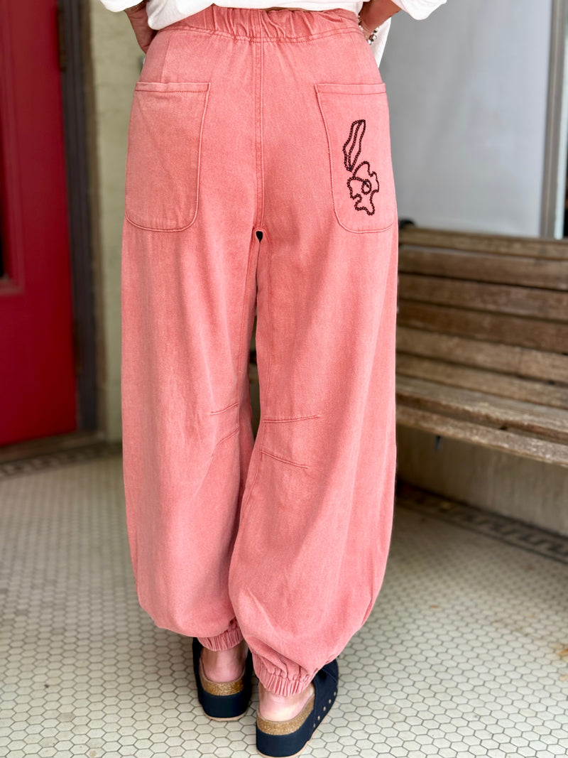 Floral Embroidered Jogger Pants | Washed Red