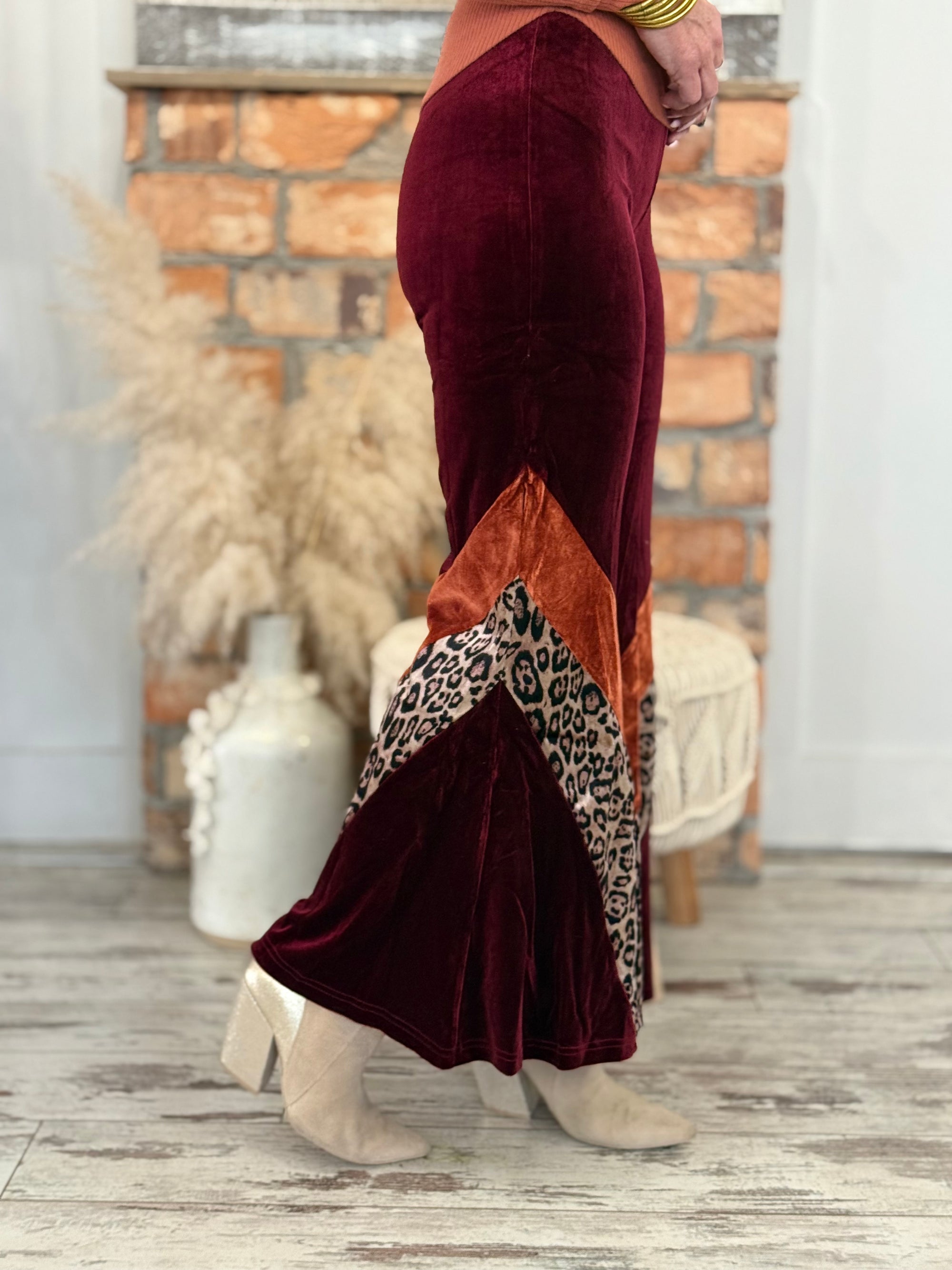 Velvet Leopard Color Block Flare Pants | Wine