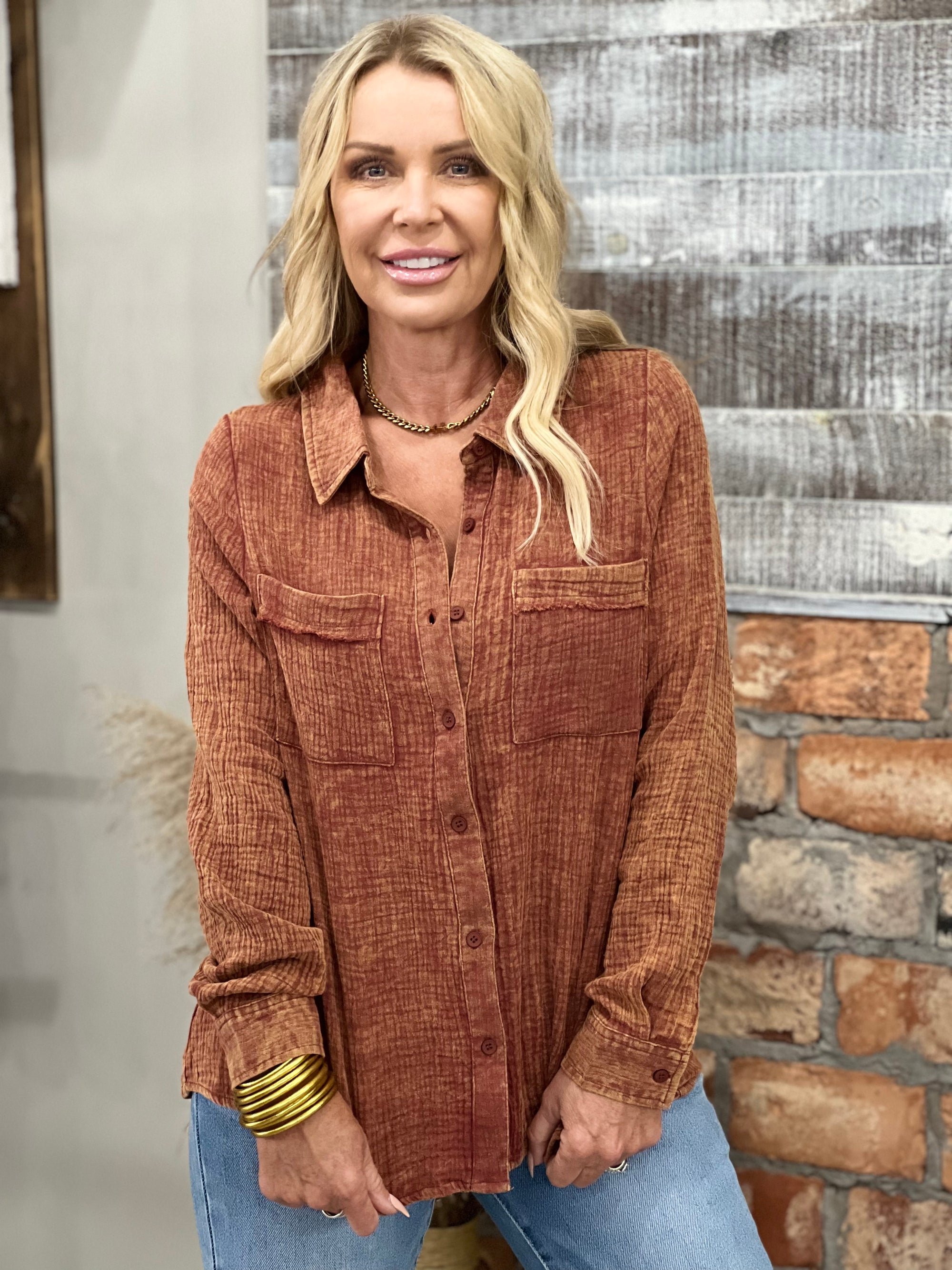 Gauze Button Down Top in Brick