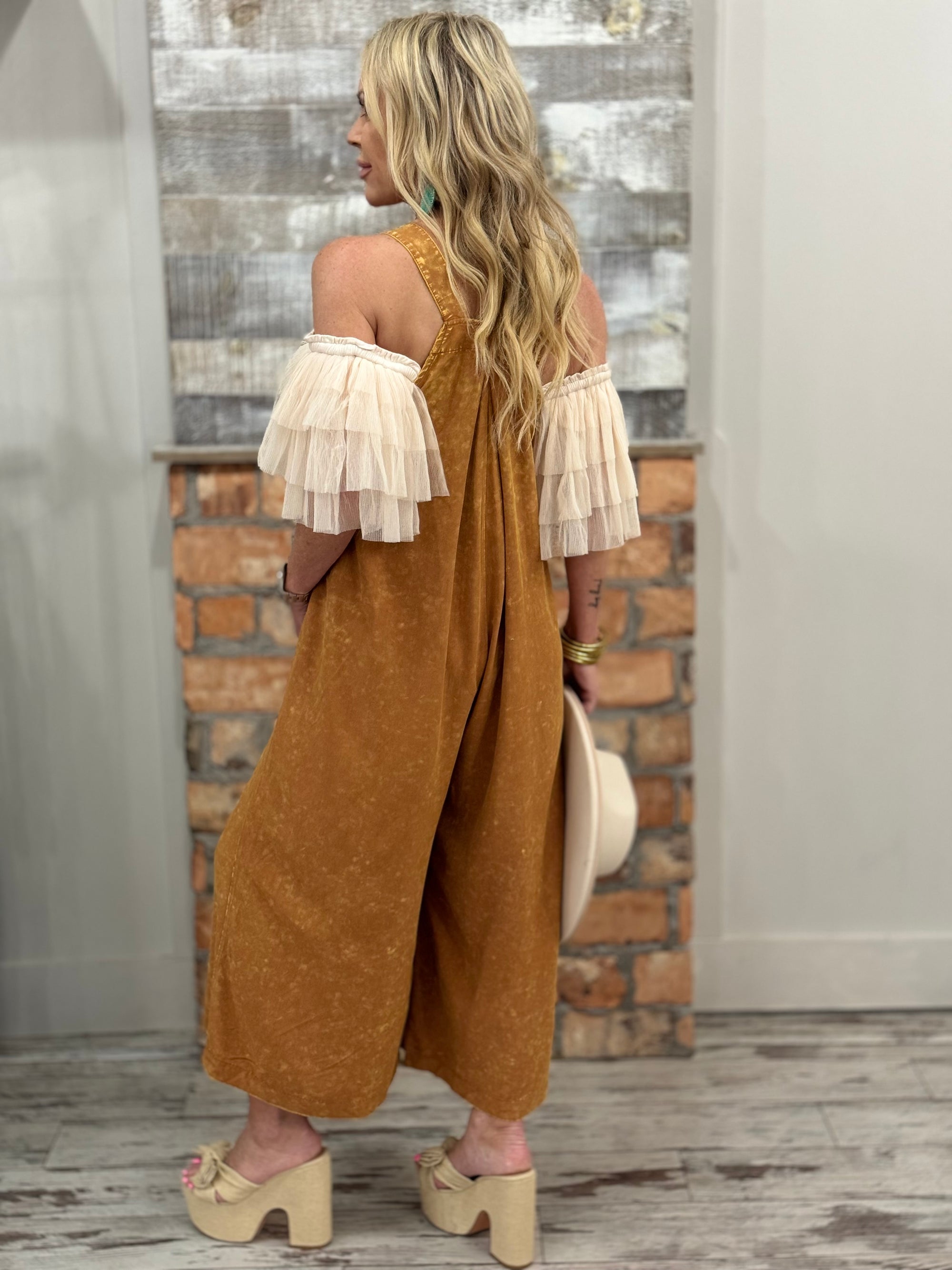 Washed Overall Jumpsuit in Camel