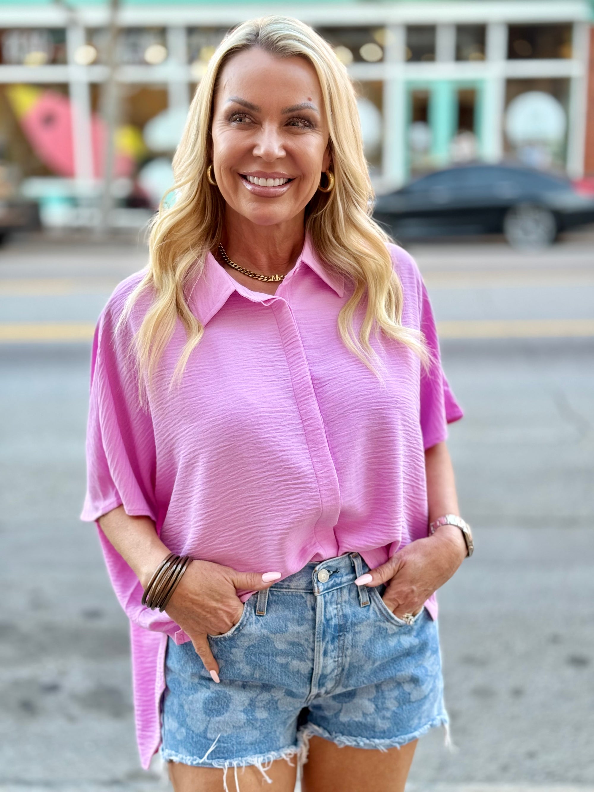 Rounded Hem Button Down Top | Mauve