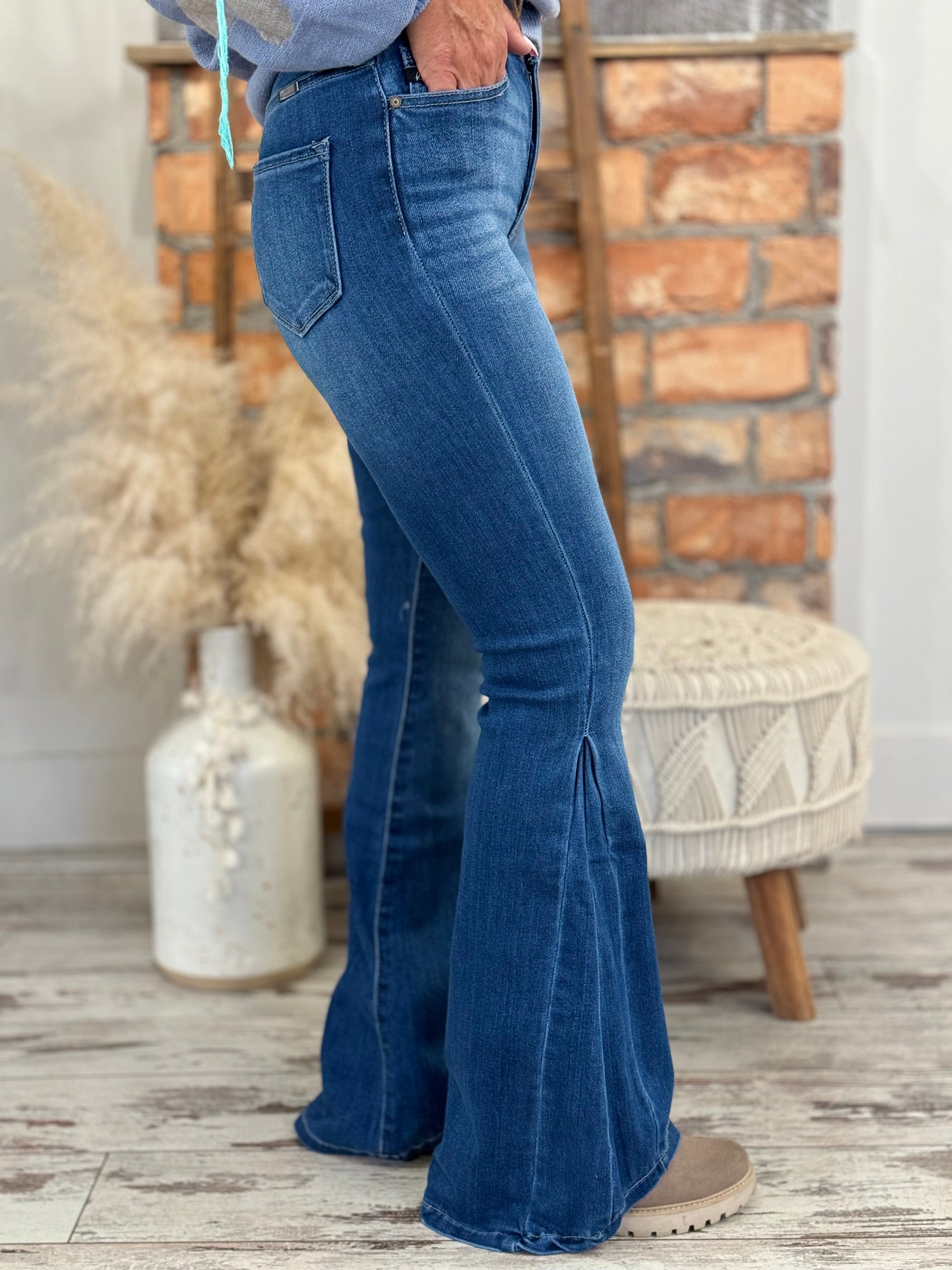 High Rise Angled Hem Flare Jeans