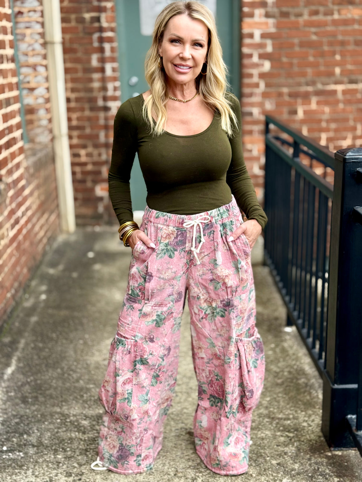 Vintage Floral Wide Leg Cargo Pants