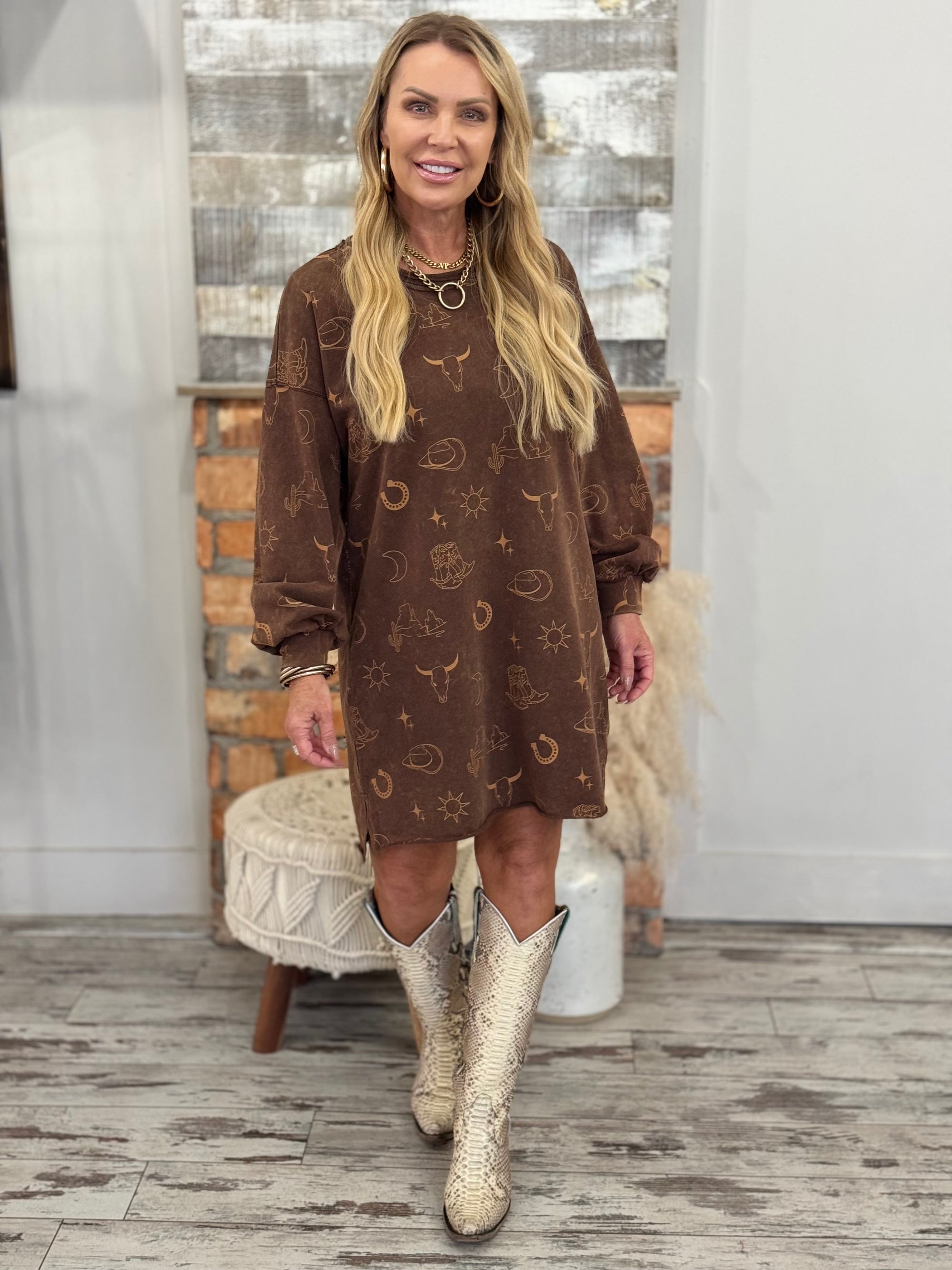 Western Printed Sweatshirt Dress