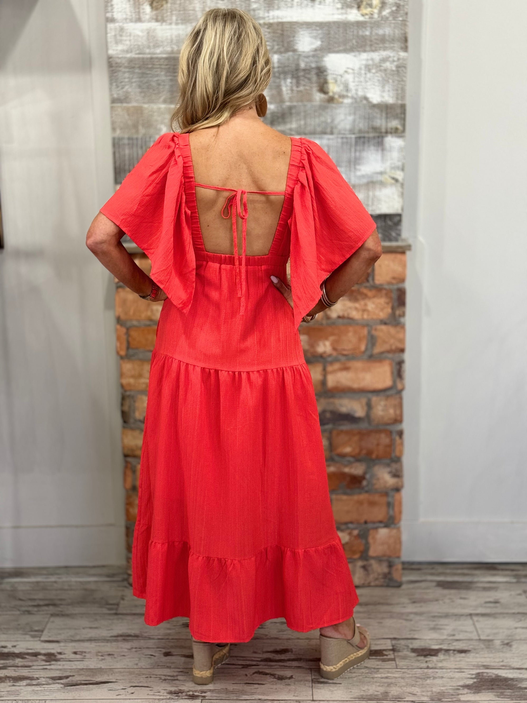 V Neck Ruffle Sleeve Maxi Dress in Coral