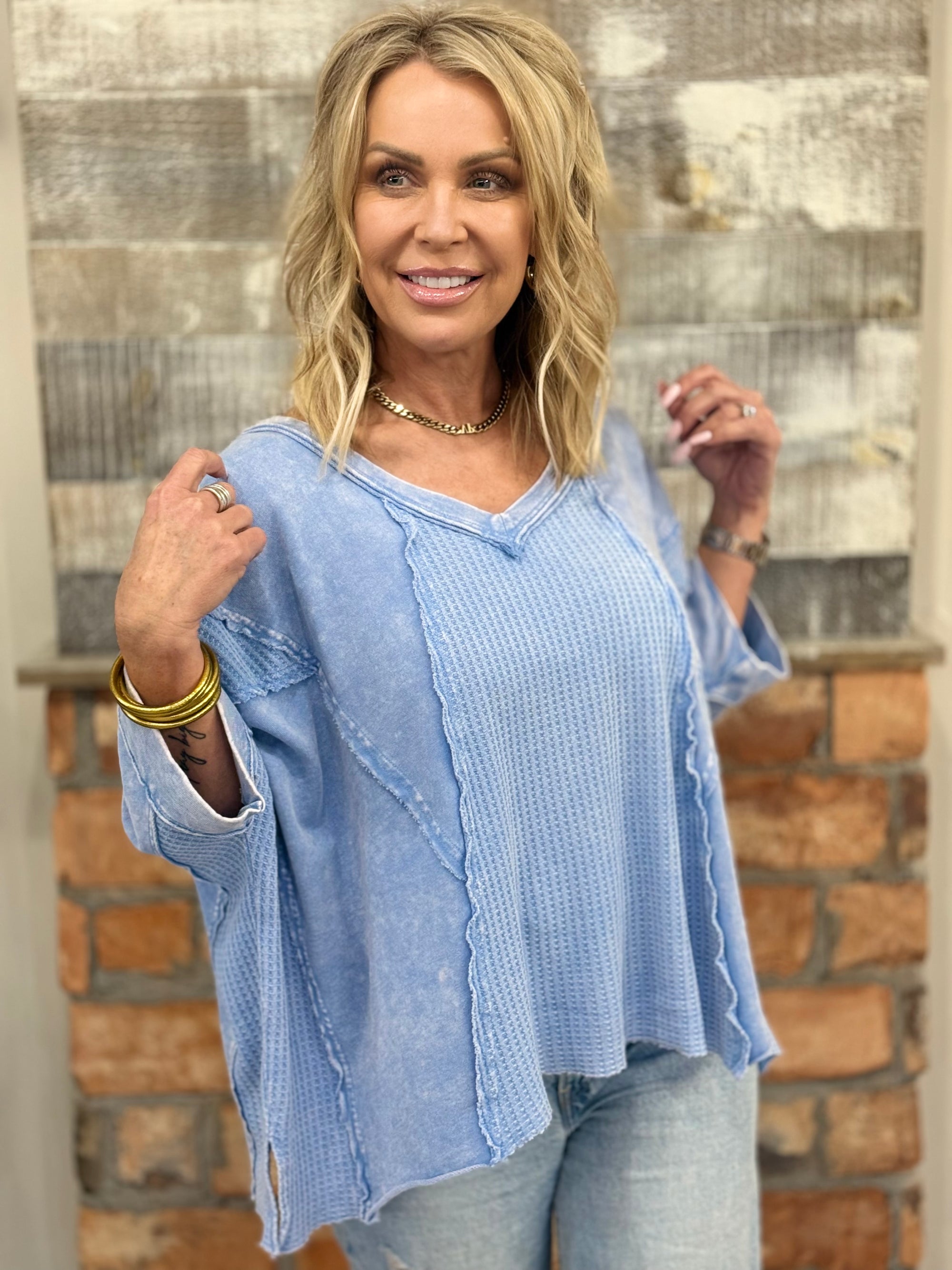 Washed Thermal V Neck Top in Blue