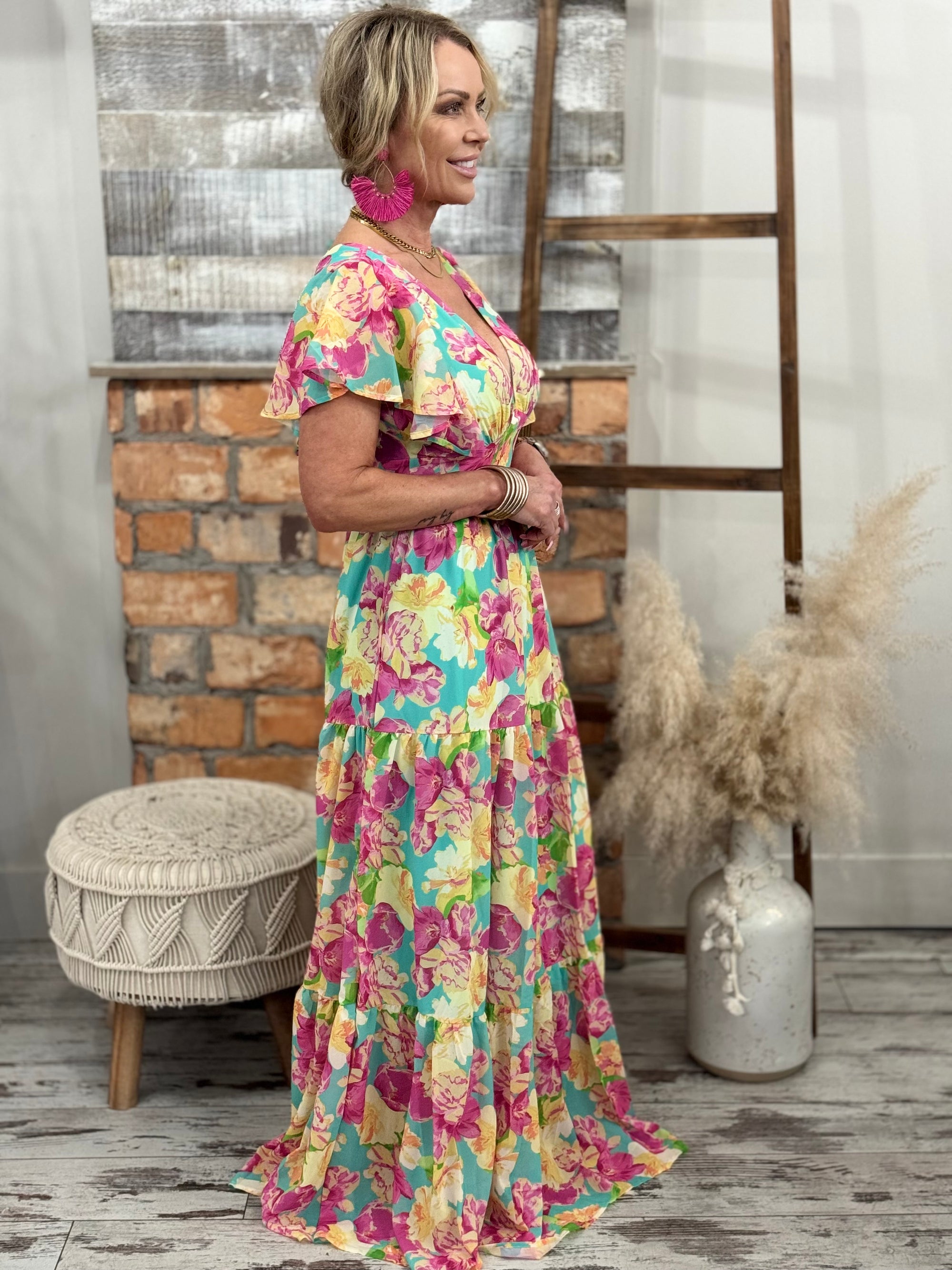 Floral Flutter Sleeve Maxi Dress