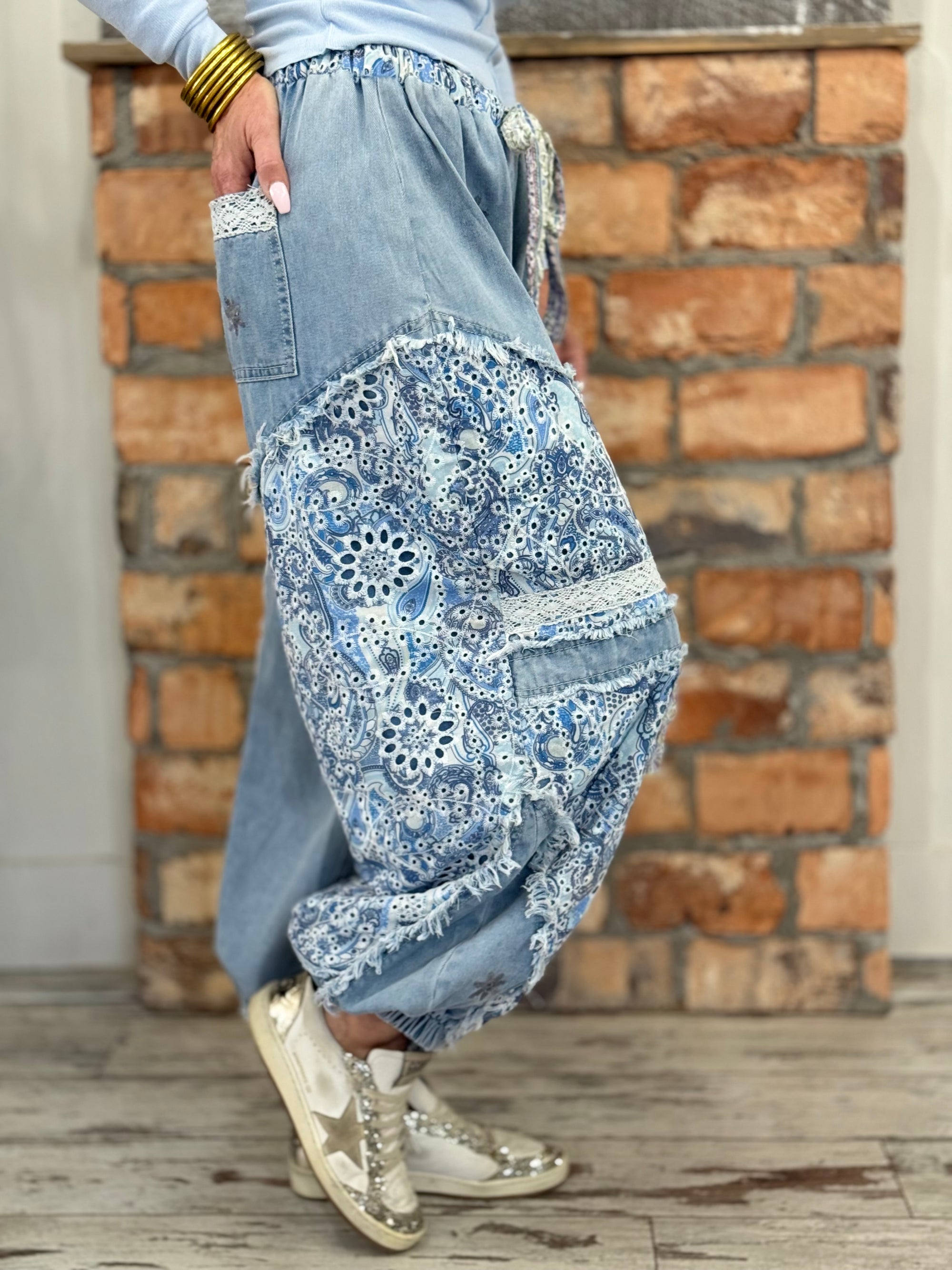 Patchwork + Lace Denim Jogger Pants