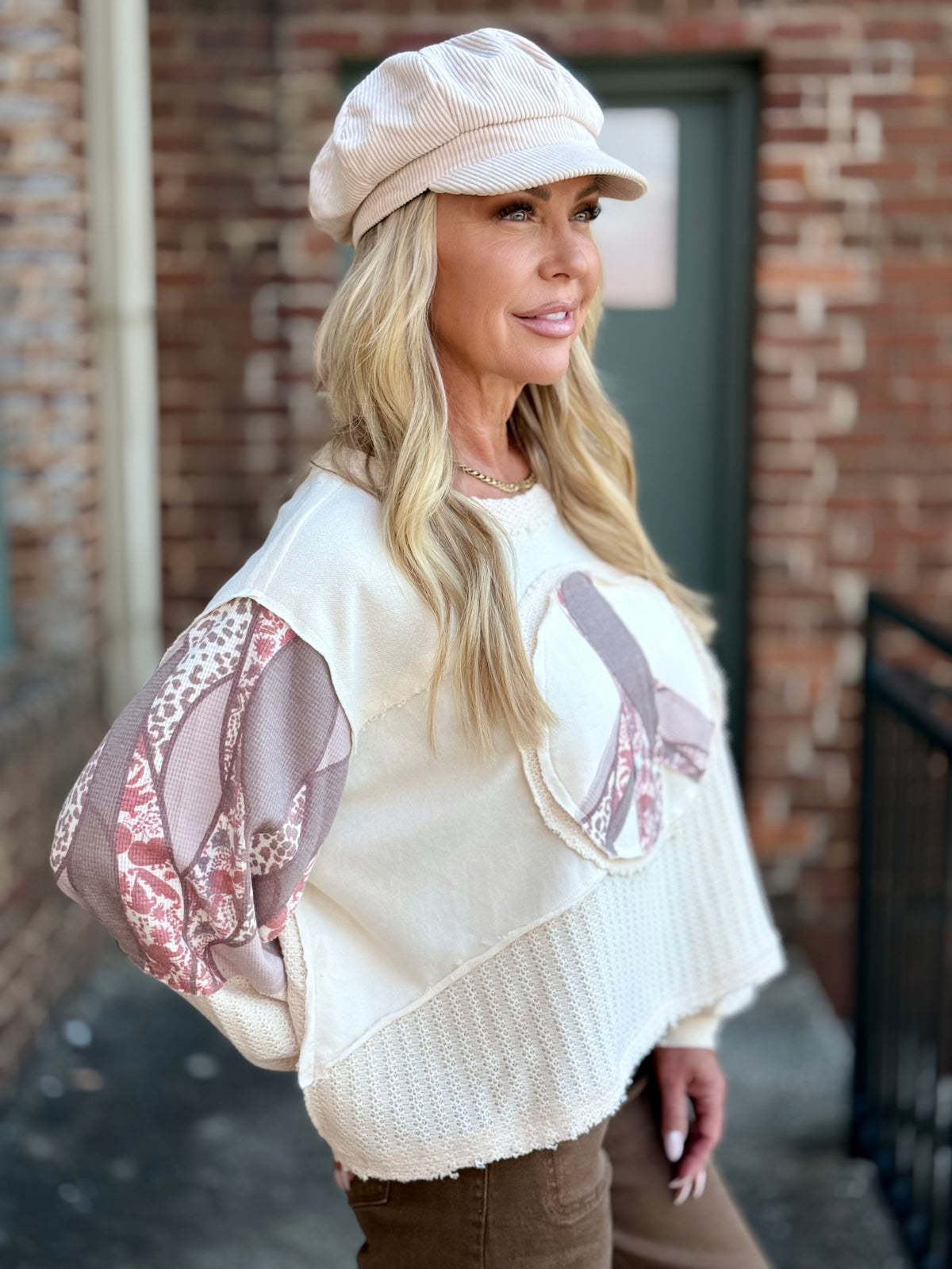 Mixed Fabric Peace Sign Top