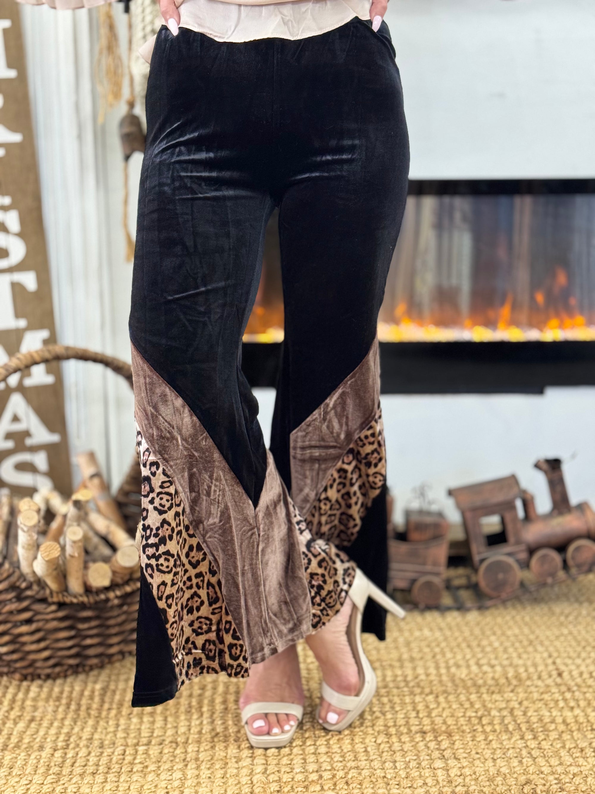 Velvet Leopard Color Block Flare Pants | Black