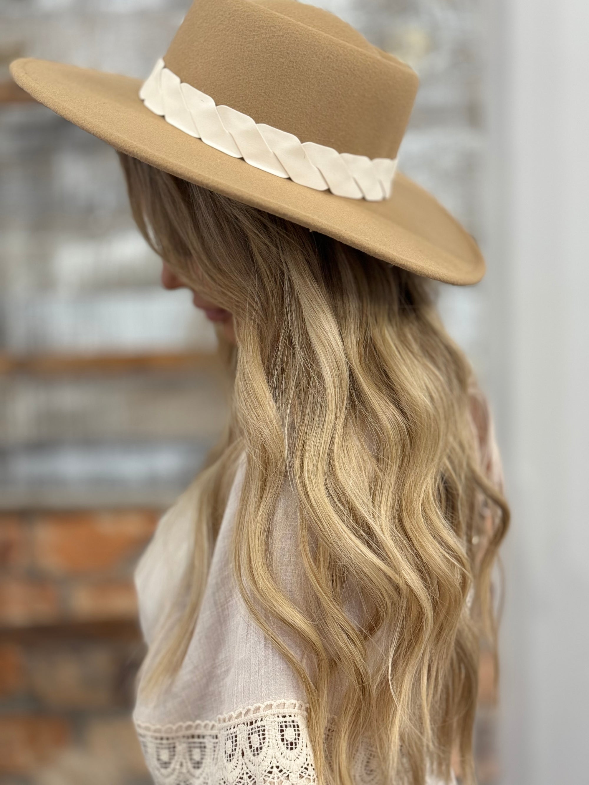 Braided Trim Wide Brim Hat in Tan