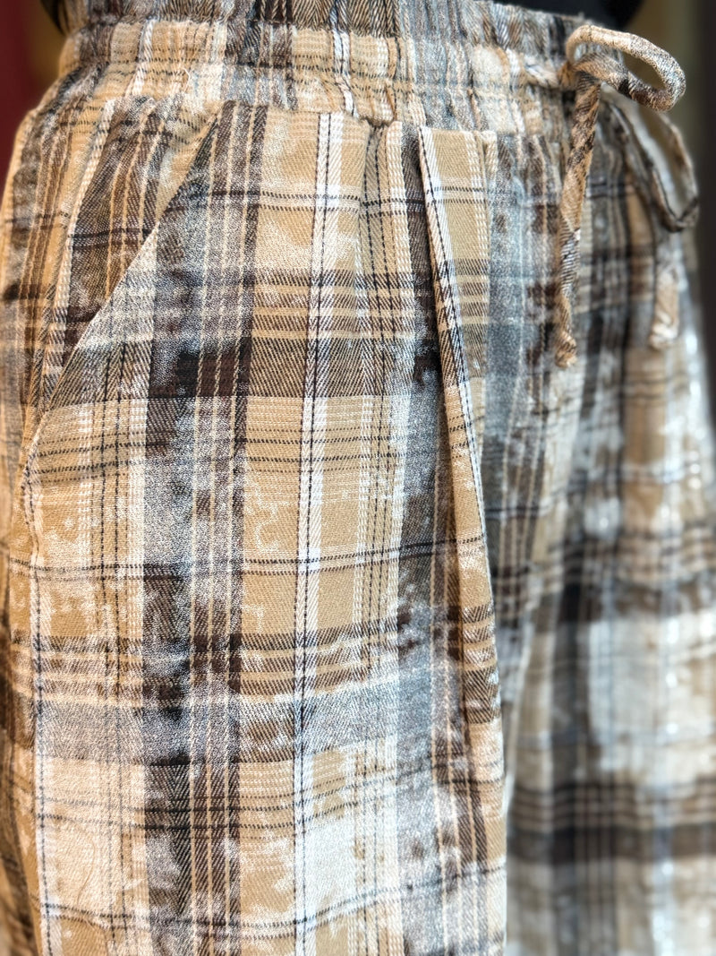 Plaid Bleach Splattered Wide Leg Pants