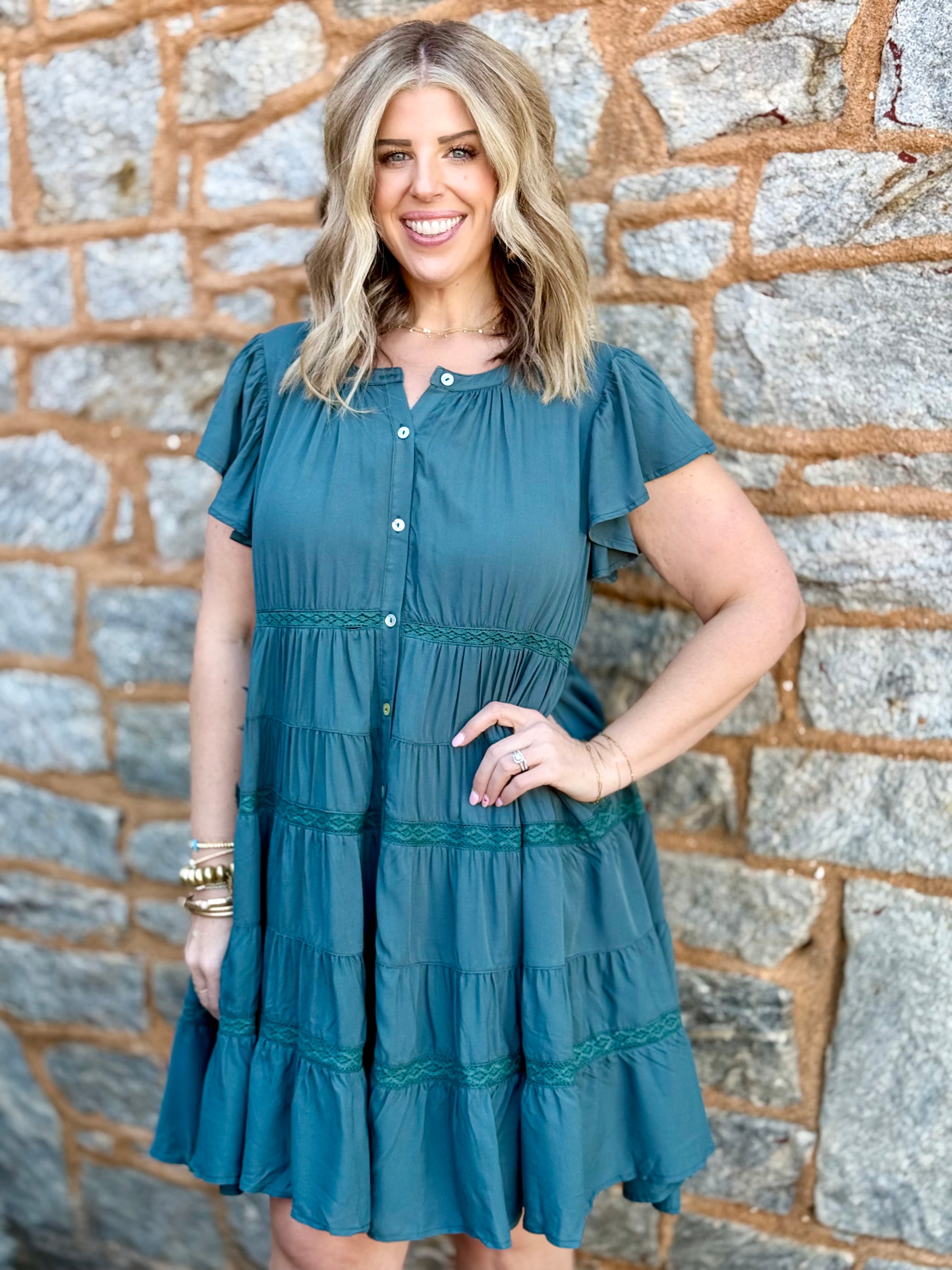 Tiered Lace Trim Button Up Dress