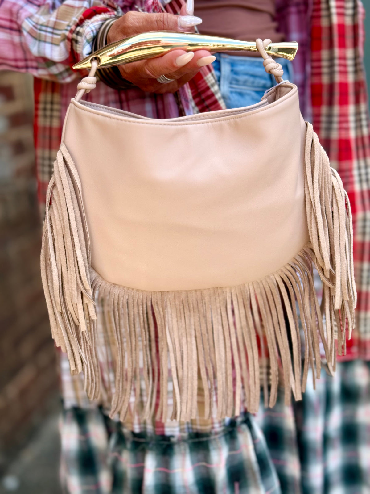 Gold Handle Fringe Purse | Beige