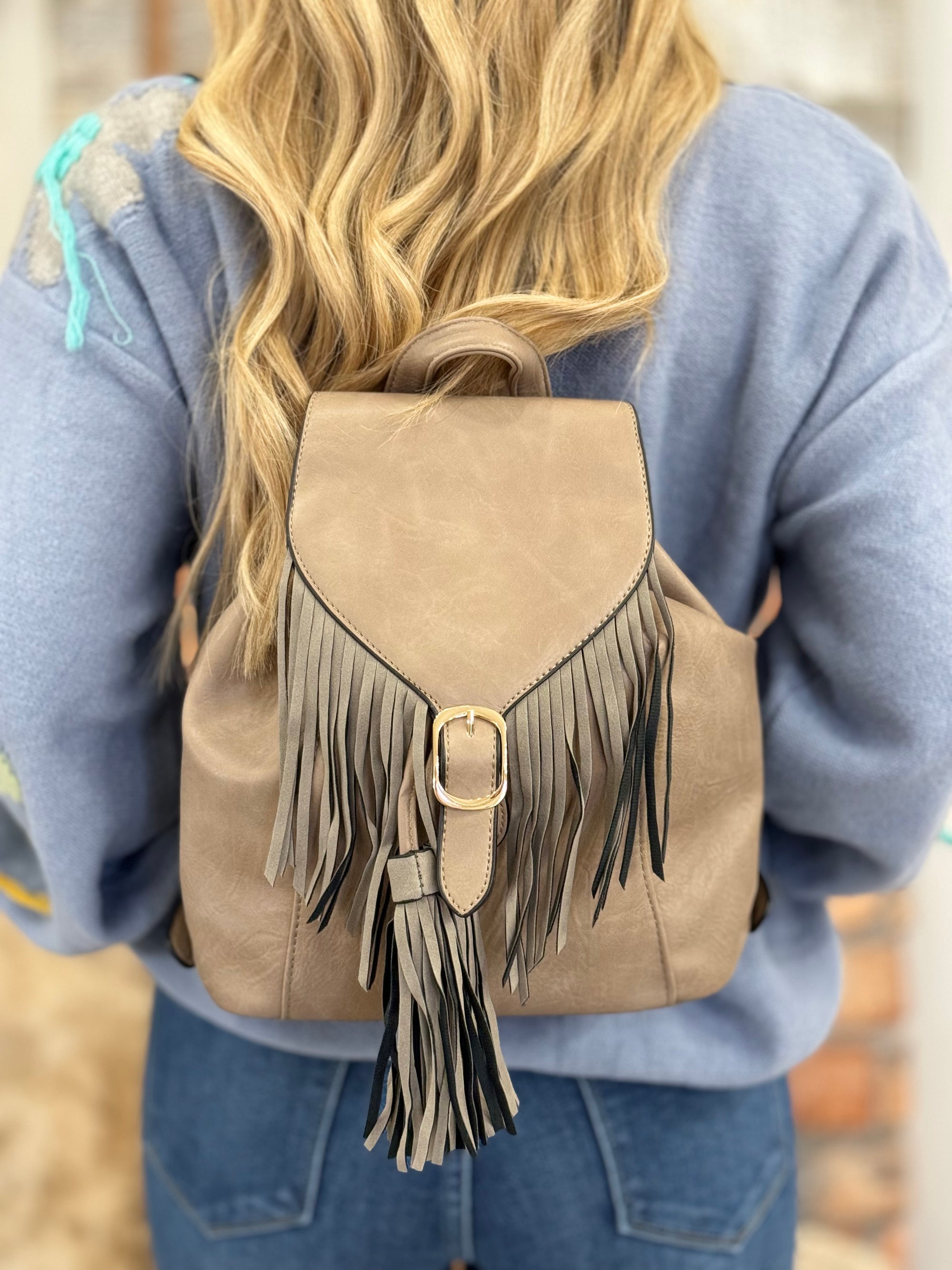 Fringe Tassel Backpack in Grey