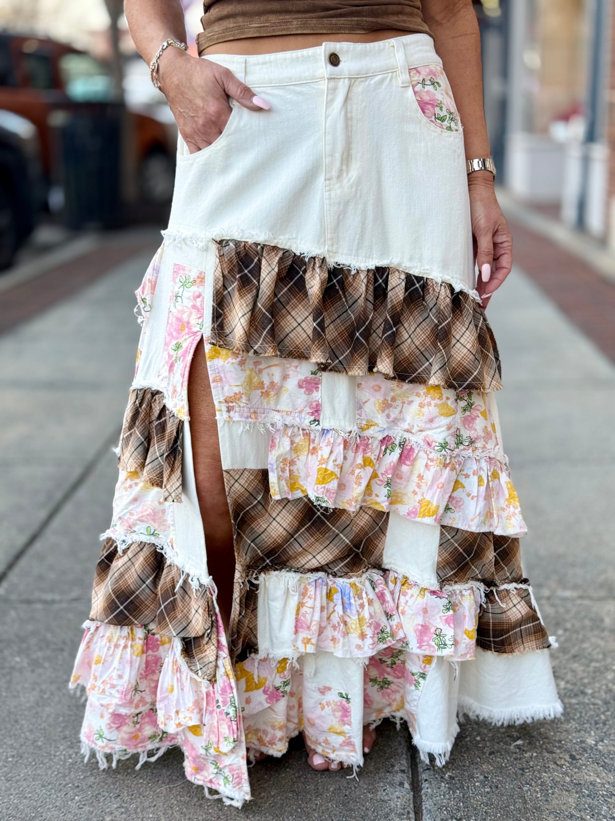 Tiered Patchwork Maxi Skirt