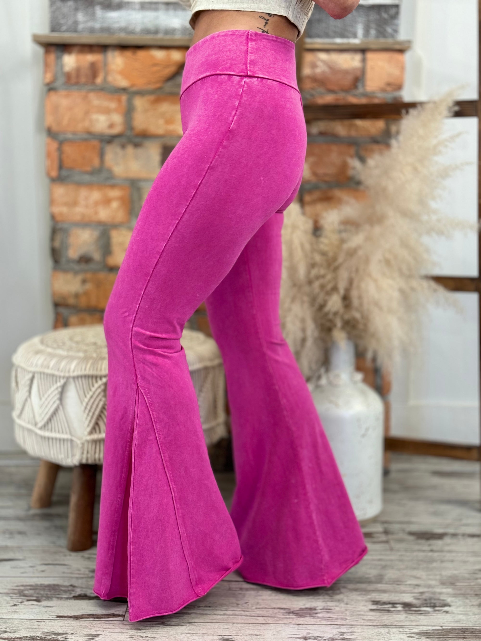 Washed Side Panel Flare Bell Bottom Pants in Pink