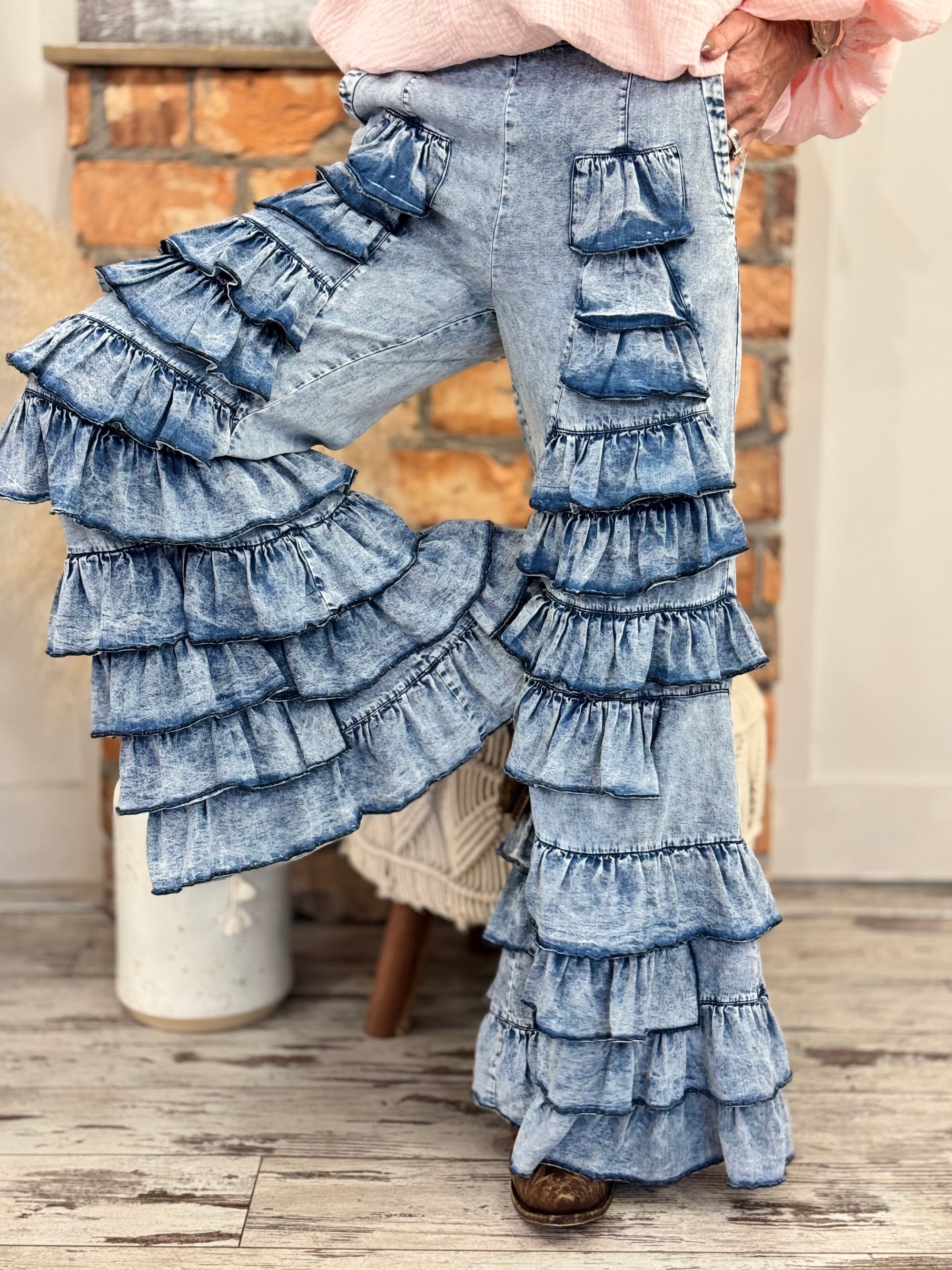 Tiered Ruffle Bell Bottom Pants