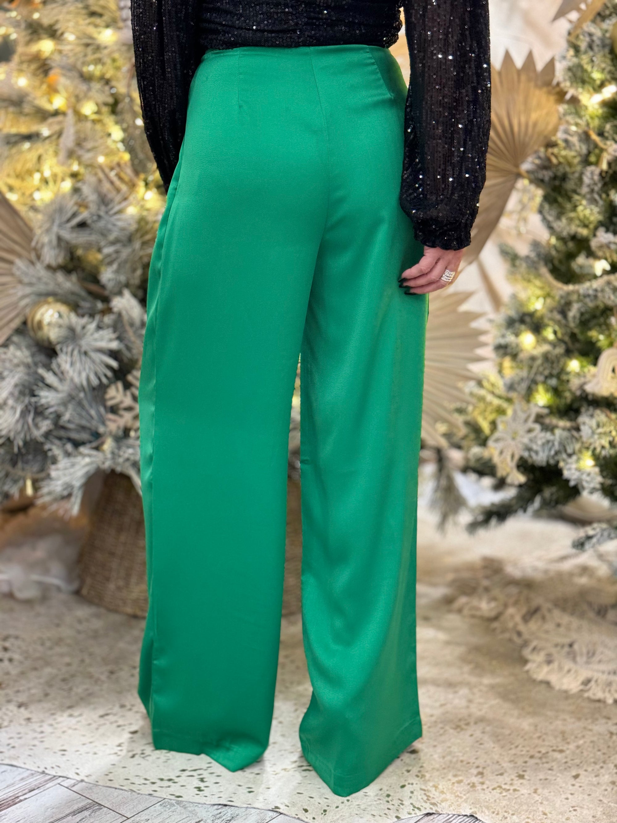 Pleated Satin Wide Leg Pants in Green