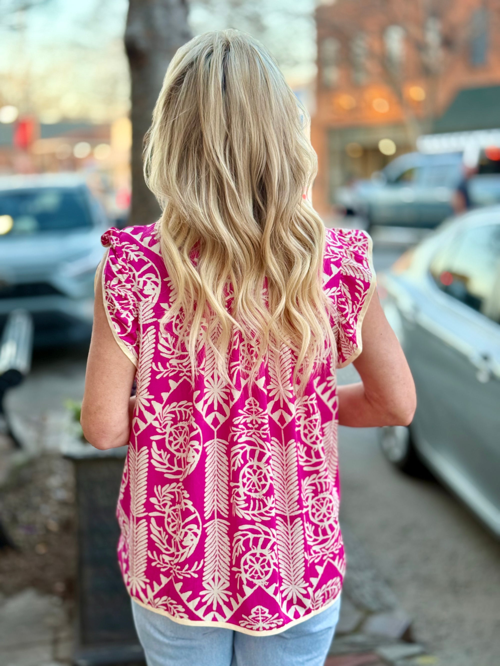 Printed Ruffle Cap Sleeve Top