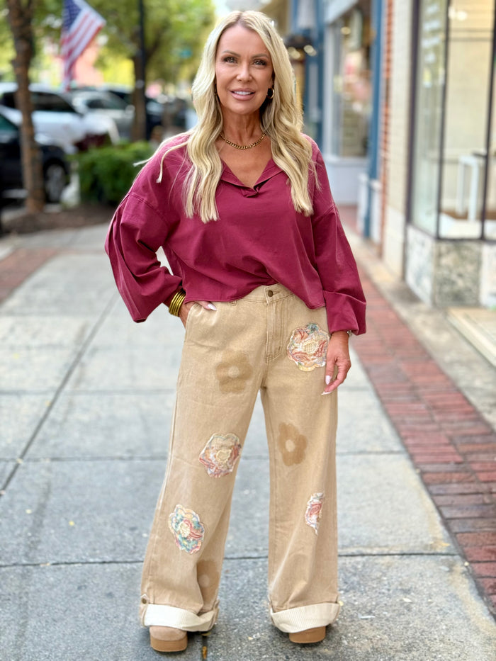 Floral Patch Cuffed Wide Leg Pants