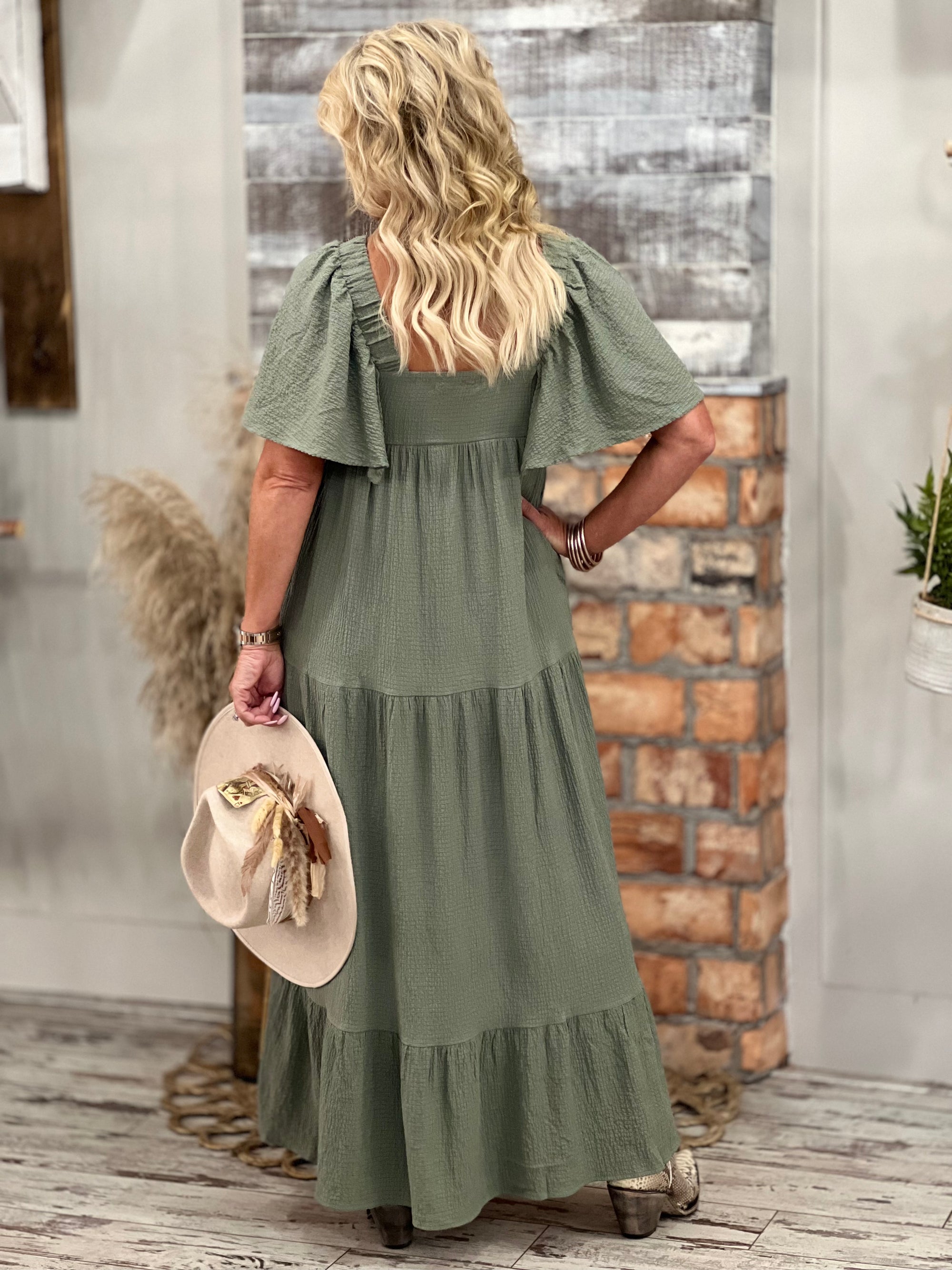 Tiered Flare Sleeve Maxi Dress in Dusty Sage