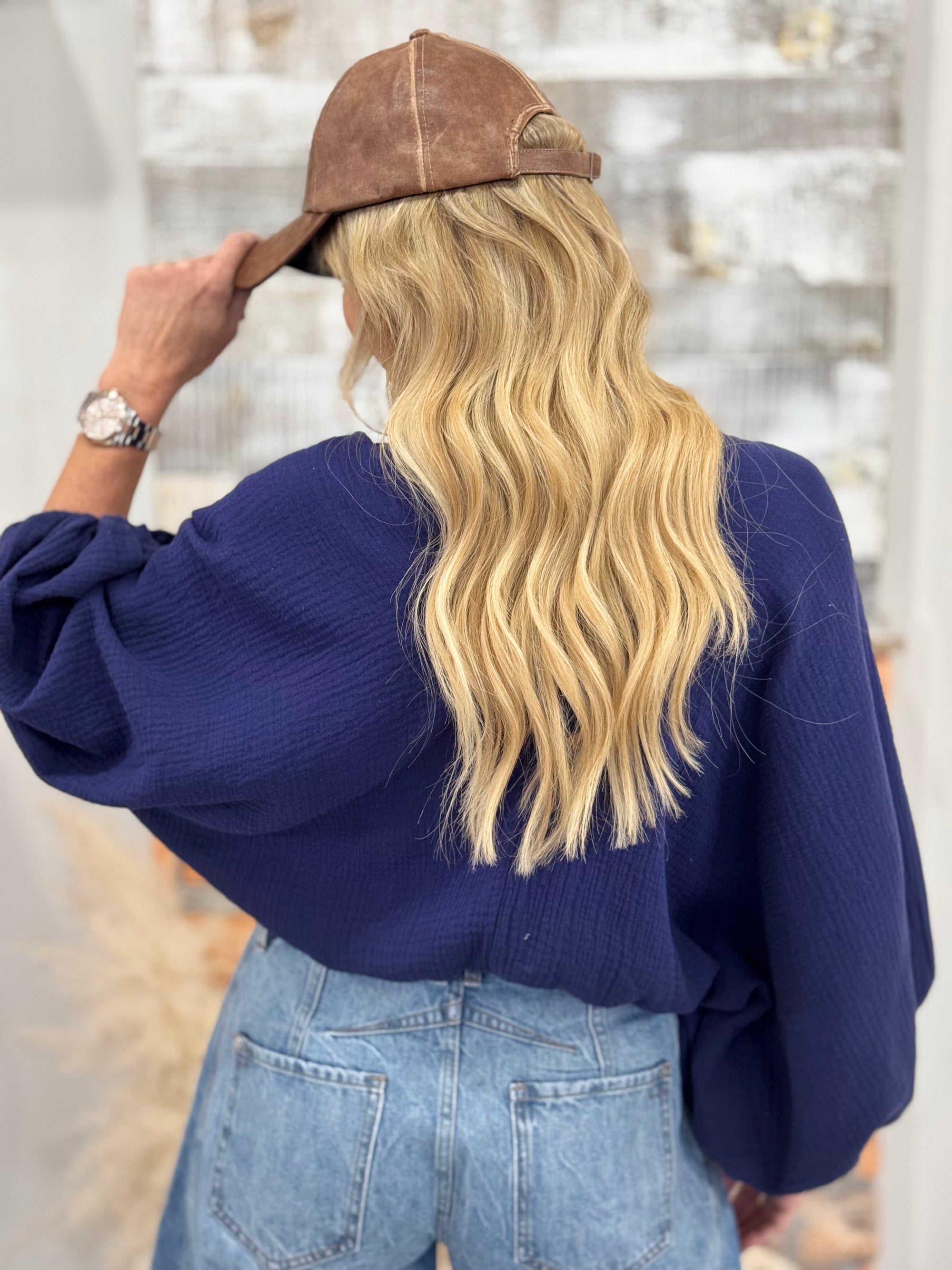 Bubble Sleeve Top in Navy