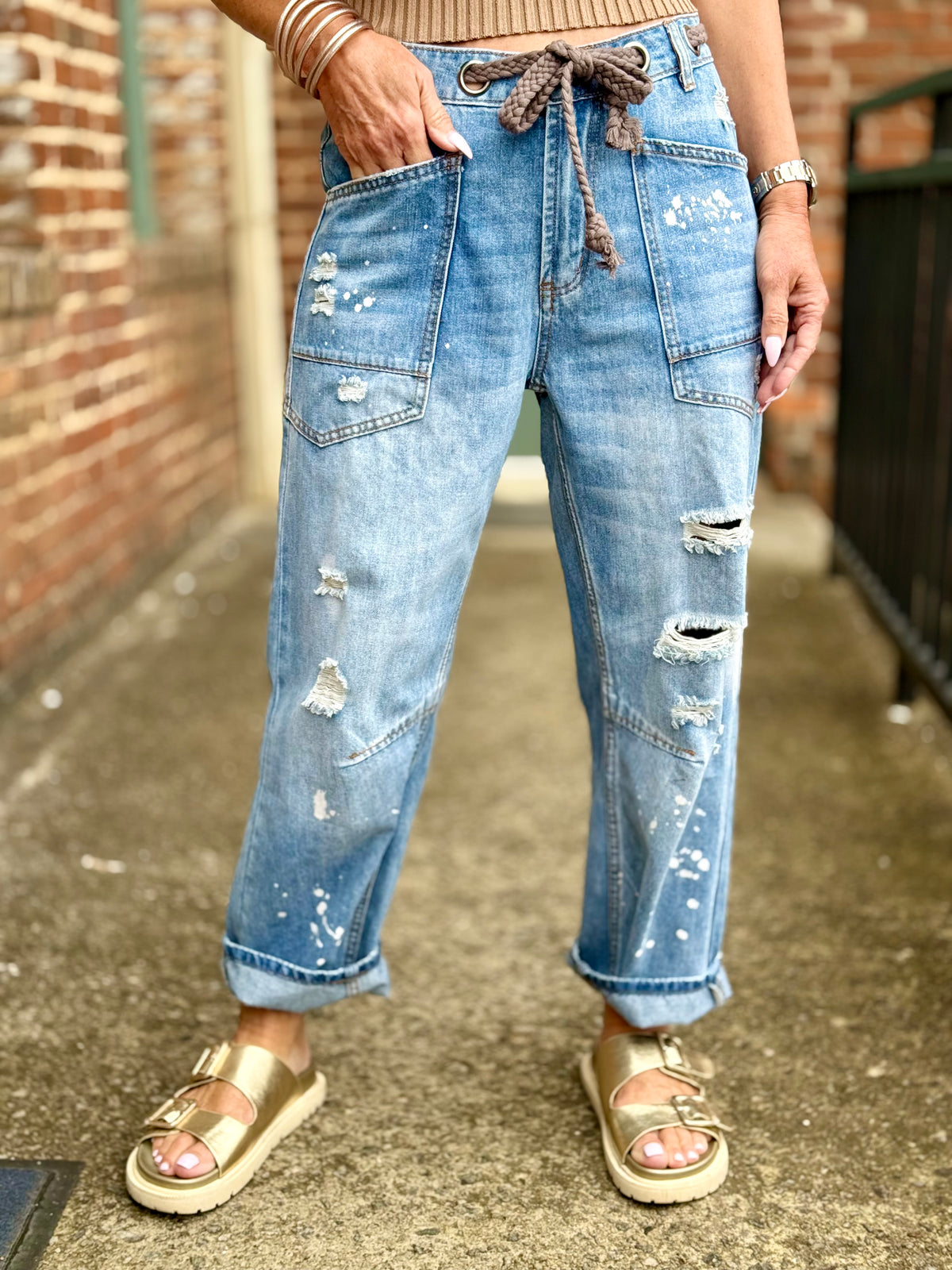 Paint Splattered Rope Belt Jeans