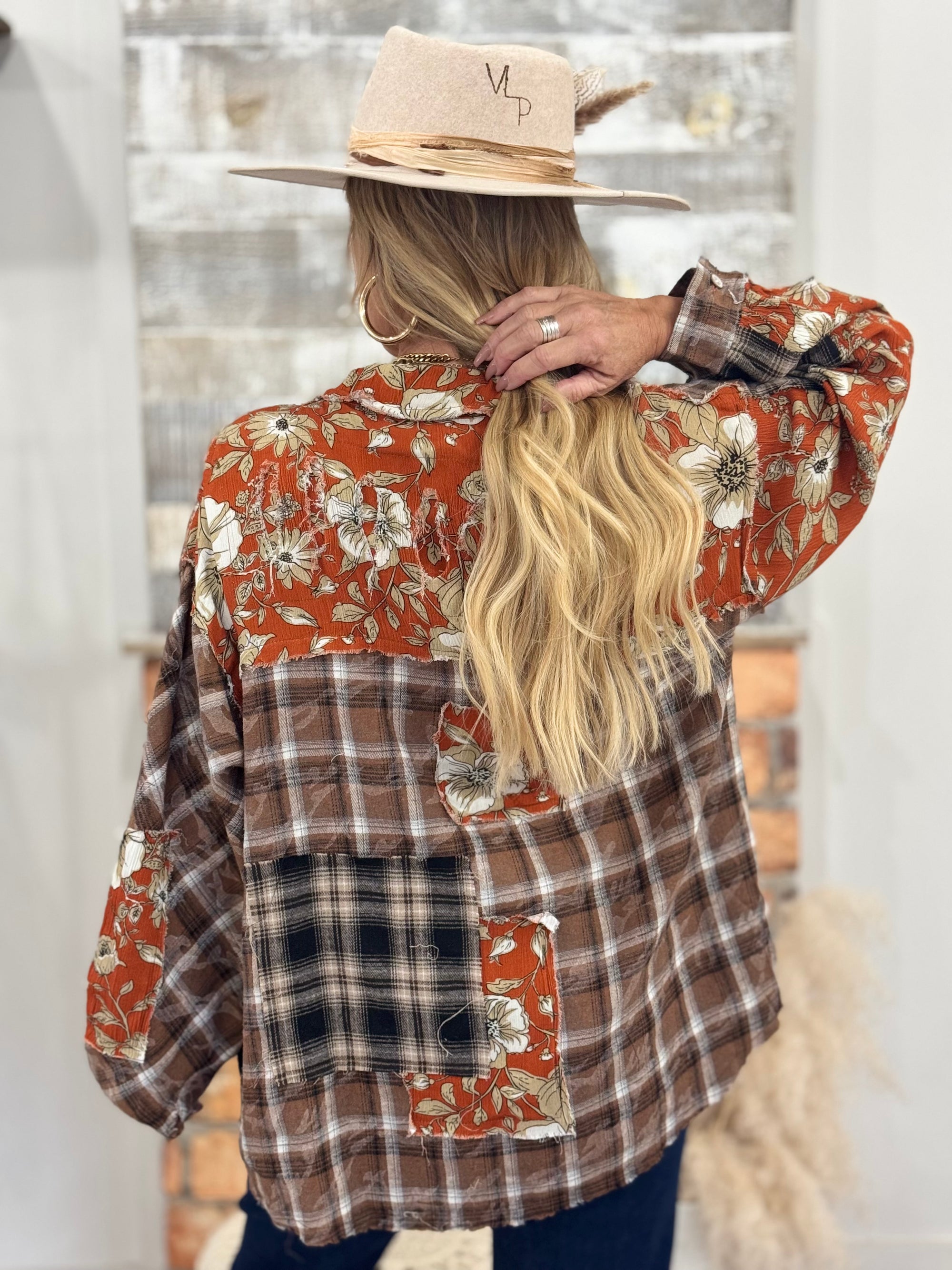 Vintage Plaid + Floral Colorblock Button Up Top