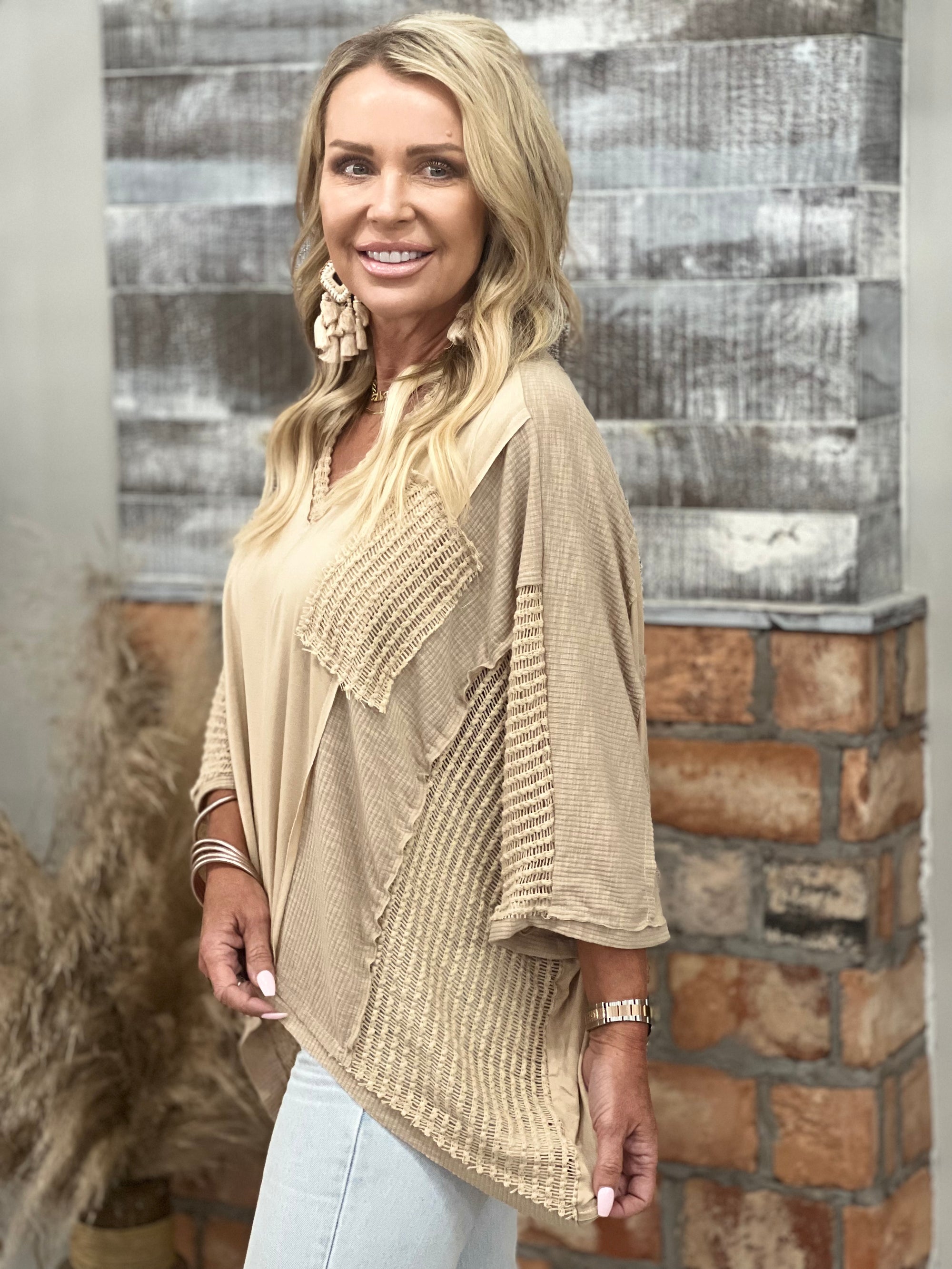 Oversized High Low Mixed Fabric Top