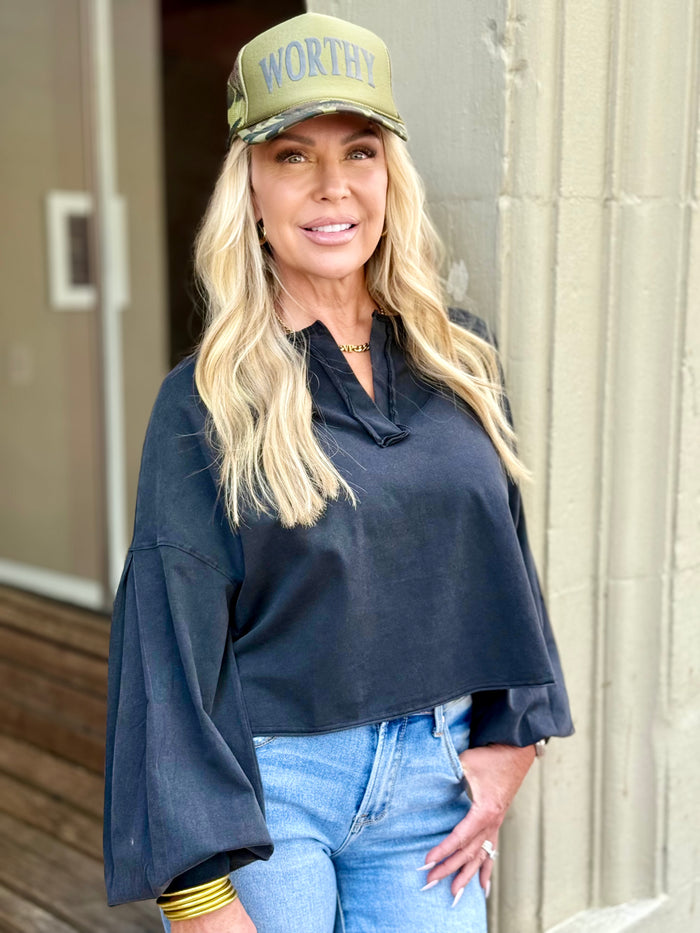 Washed Pleated Sleeve Top | Black