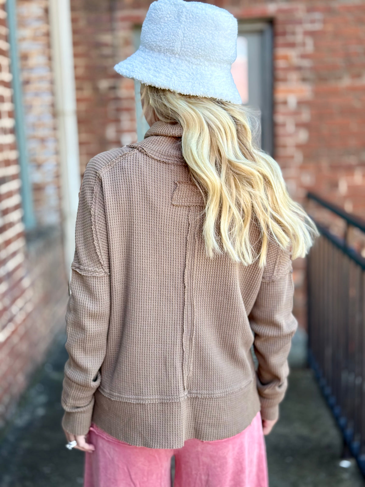 Waffle Knit Cowl Neck Top | Brown