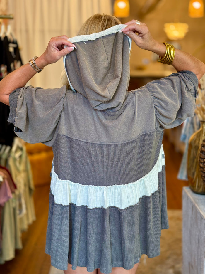 Ribbed Mixed Fabric Hoodie Top