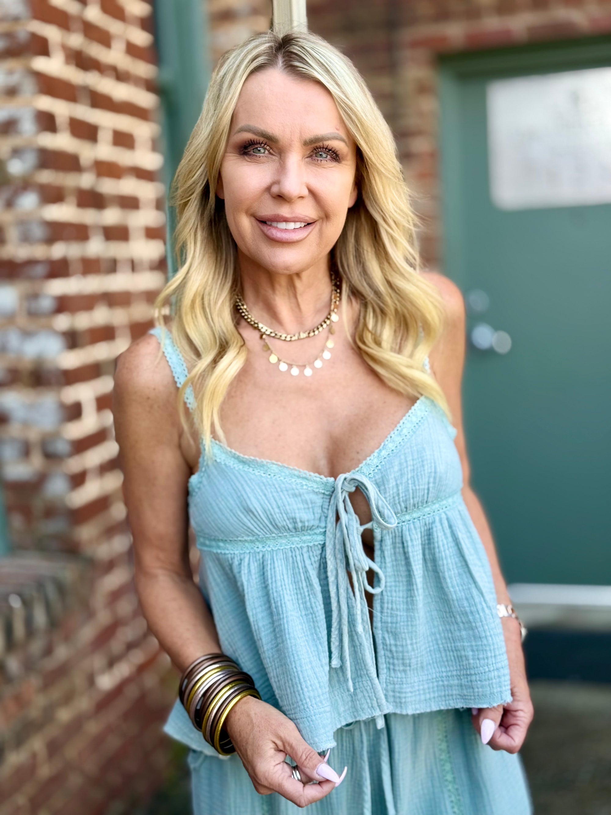 Crochet Trim Tie Tank Top | Sage