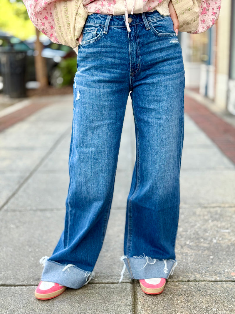 High Rise Cuffed Baggy Wide Leg Jeans
