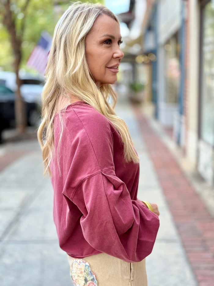 Washed Pleated Sleeve Top | Burgundy
