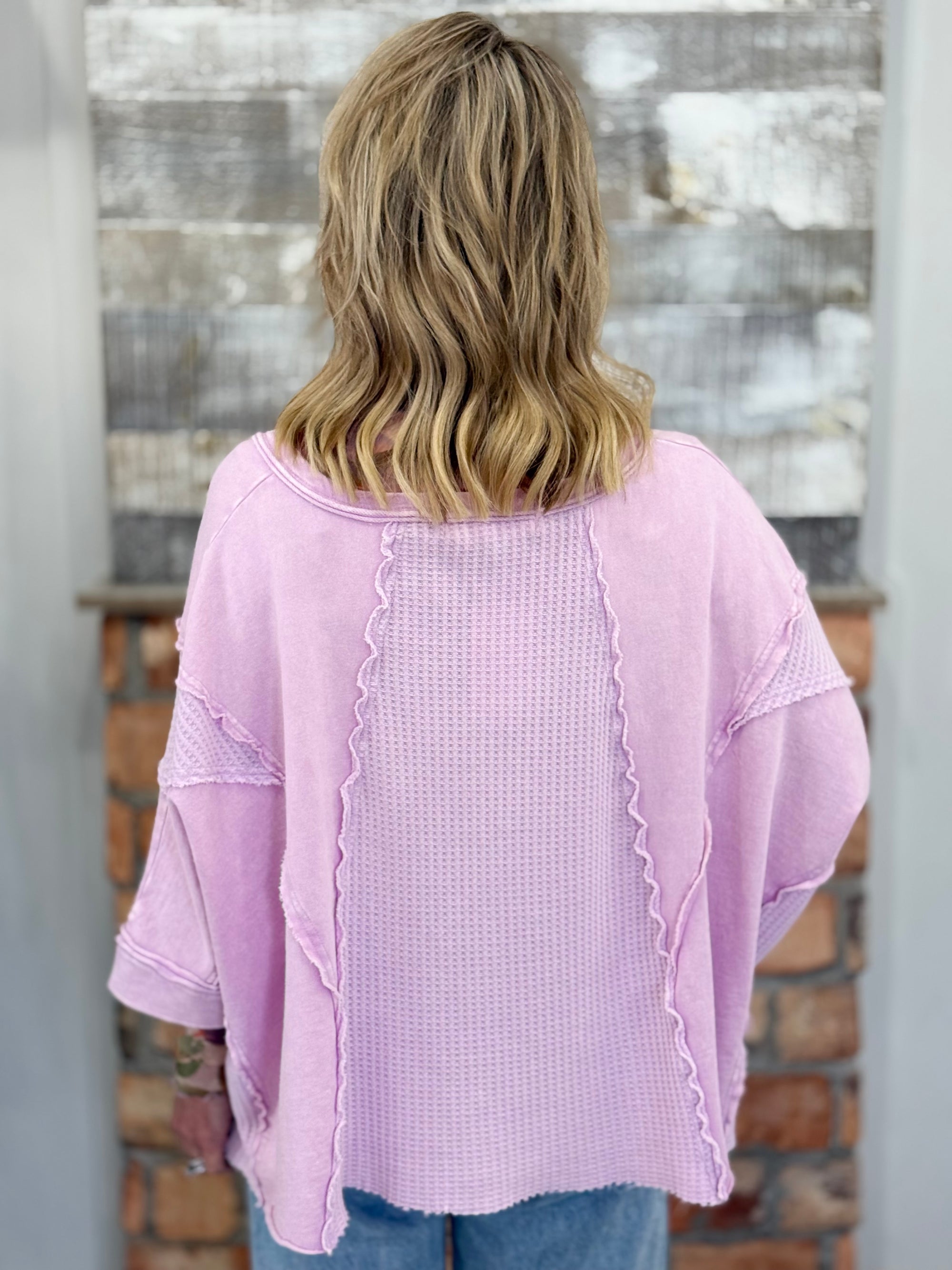 Washed Thermal V Neck Top in Pink