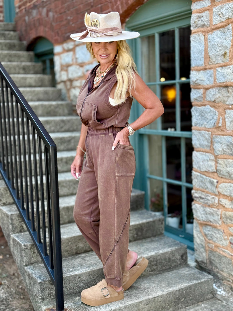 Hooded Zip Up Jogger Jumpsuit | Brown