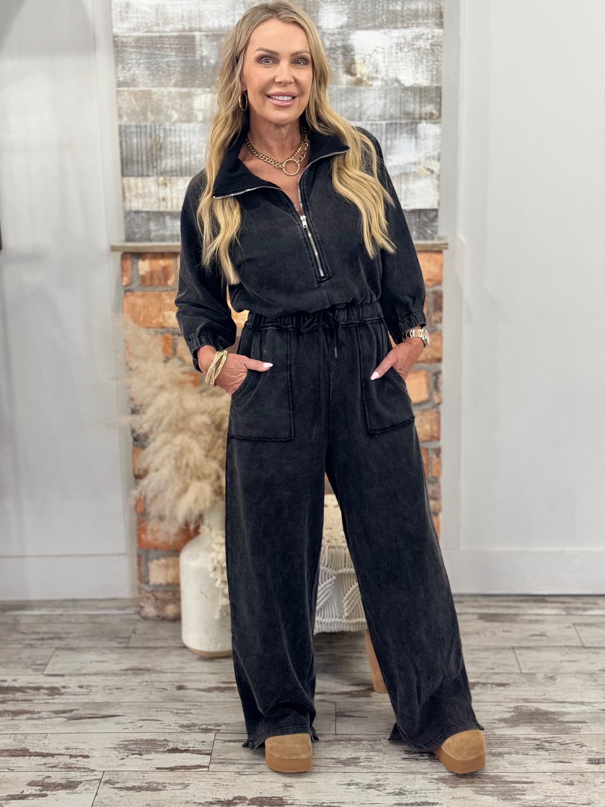 Washed Wide Leg Jumpsuit in Black