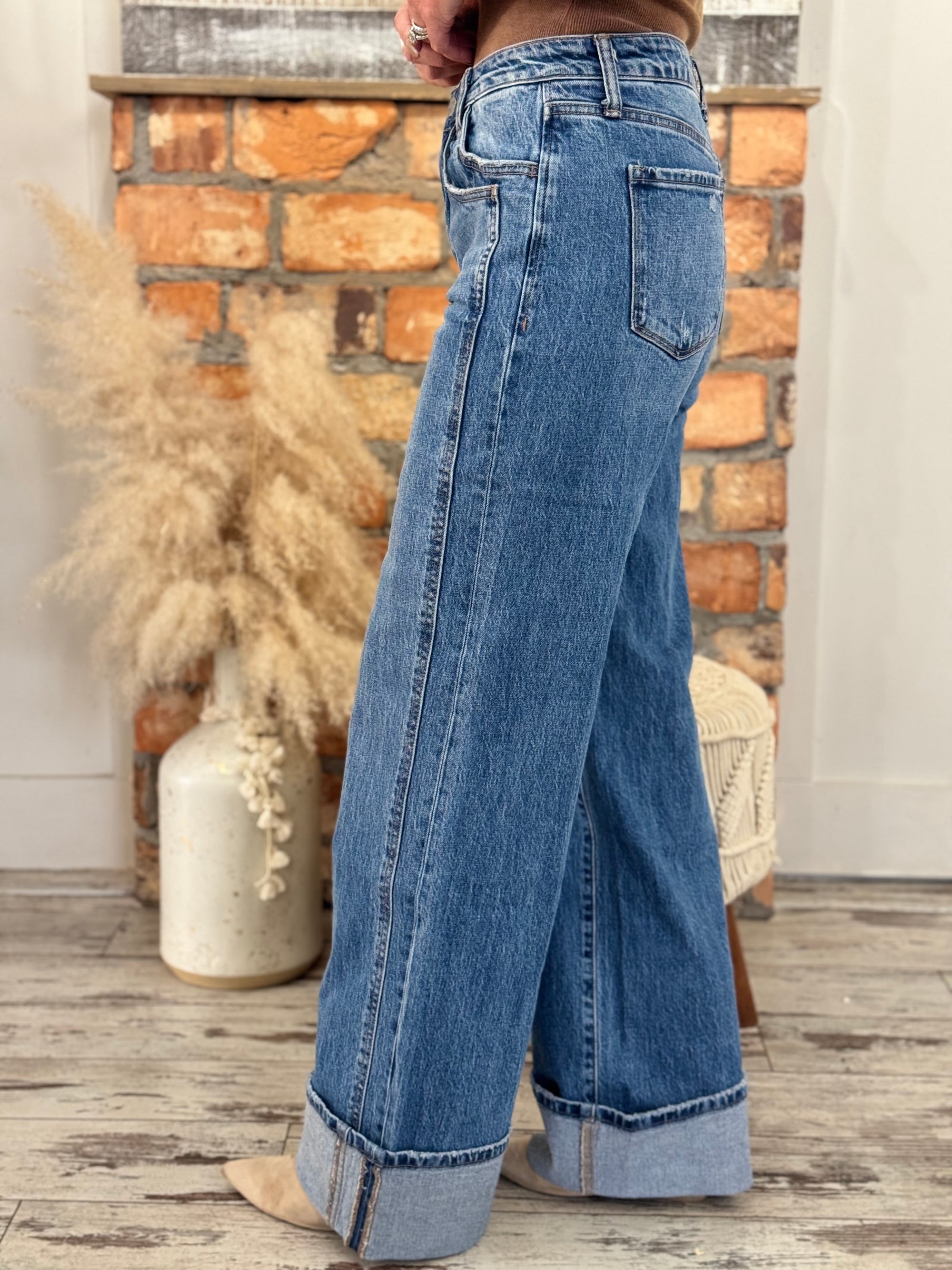 Cuffed Panel Baggy Wide Leg Jeans