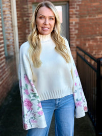 Floral Sleeve Mock Neck Sweater