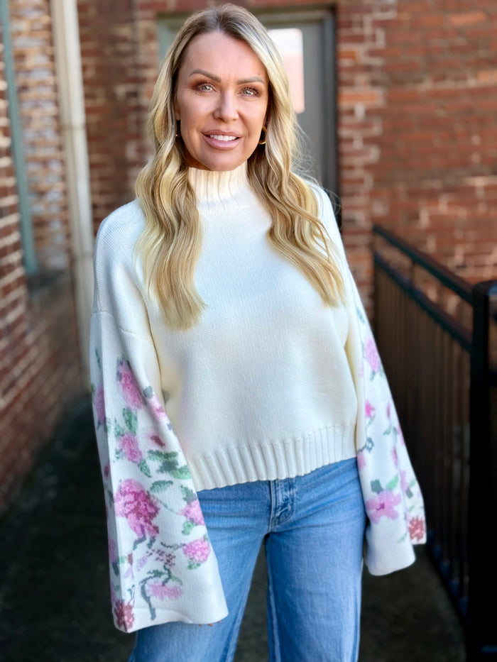 Floral Sleeve Mock Neck Sweater